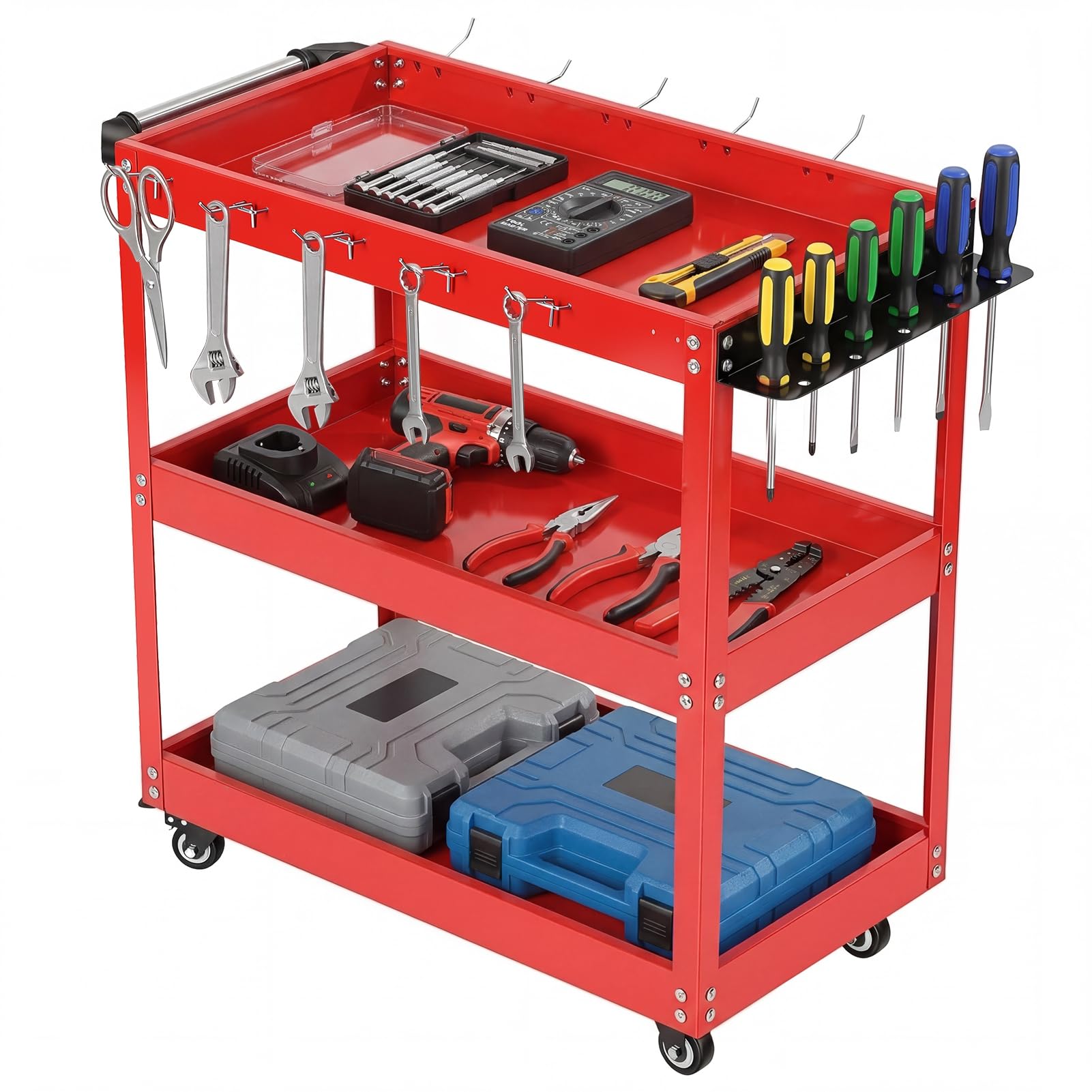 Smbcgdm 3-Tier Rolling Tool Cart with Wheels, Metal Shelves Heavy Duty Utility Cart with Side Hooks, 4 Wheels, Handle, 330lbs Load Capacity Tool Organizer Carts for Warehouse, Garage Red