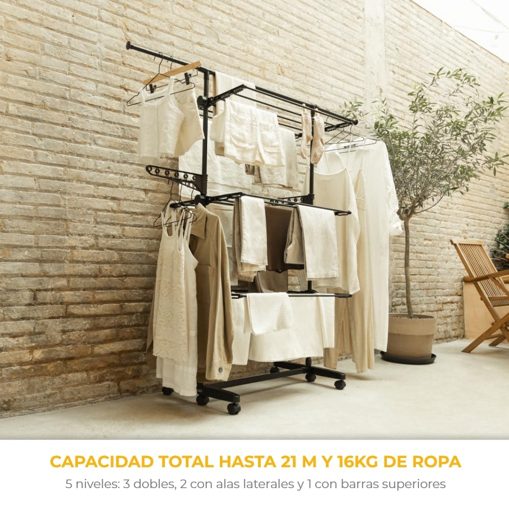 NEWLUX-Tendedero Vertical Plegable XXL Fold Care V60 Negro con Ruedas, 5 Niveles Dobles y 18-21m de tendido. Tendedero Plegable con Soporte para perchas y prendas largas de 1,5m. Ideal como perchero