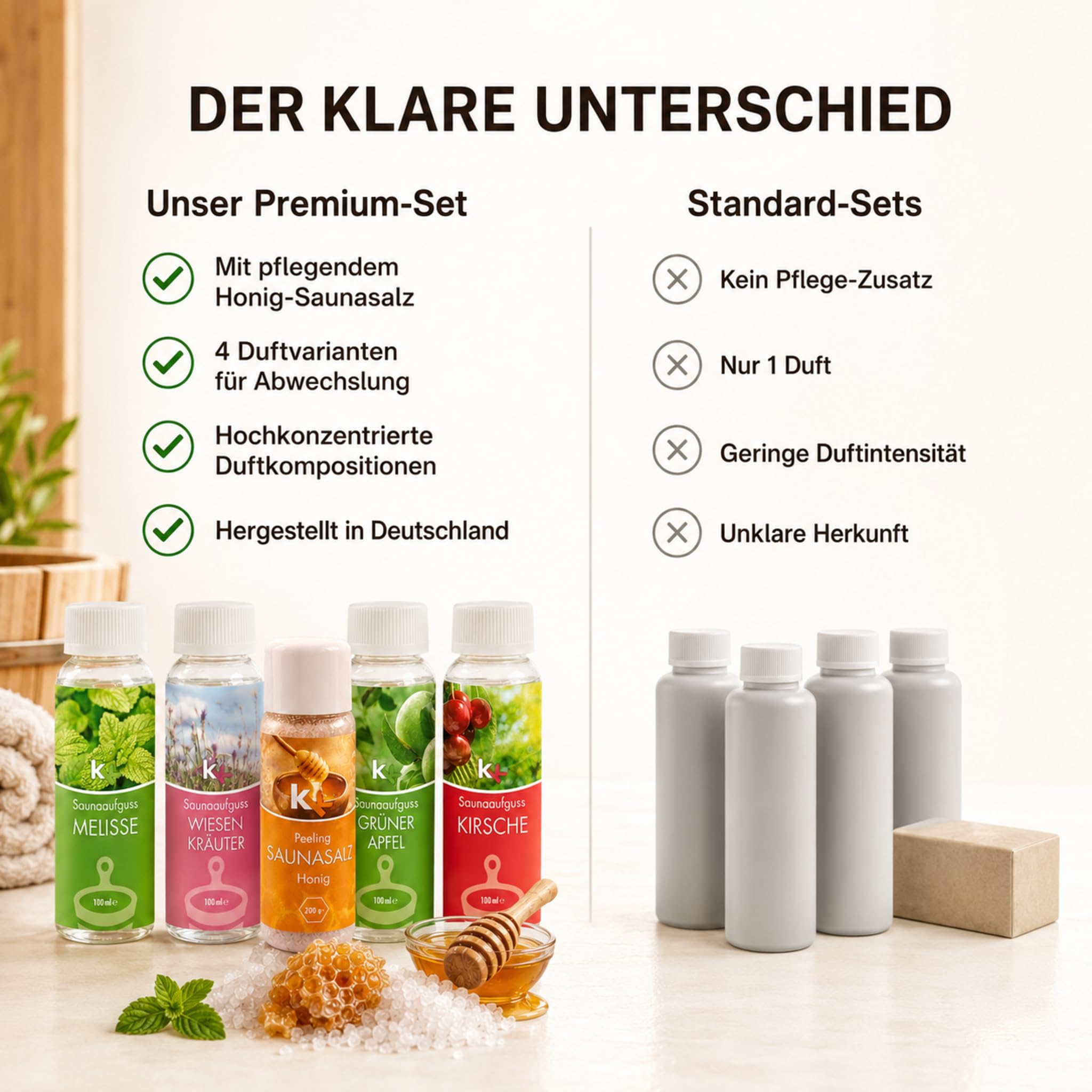 Saunaaufguss Set Altes Land 4x100ml + Honig Saunasalz Peeling – Melisse, Wiesenkräuter, Grüner Apfel & Kirsche – Hochkonzentriert – Fruchtig-frisches Sauna Geschenkset – Made in Germany