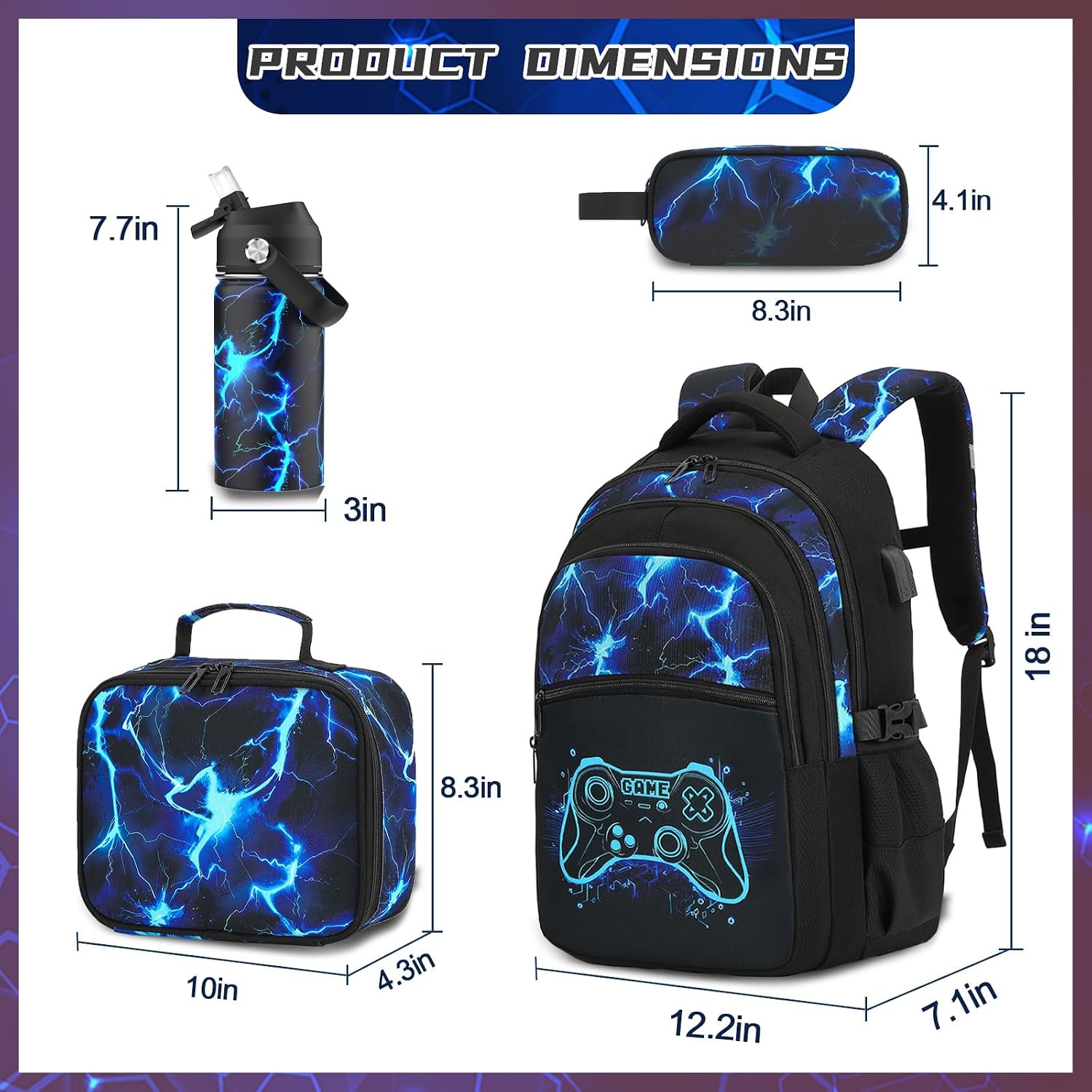 DIGOBAY Boys Backpack for School, 6PCS Cool Luminous Gamer Backpack for Boys with 14oz Insulated Water Bottle Lunch Box Pencil Case, Kids Backpacks Bookbag for Teen Boys Elementary Middle High School