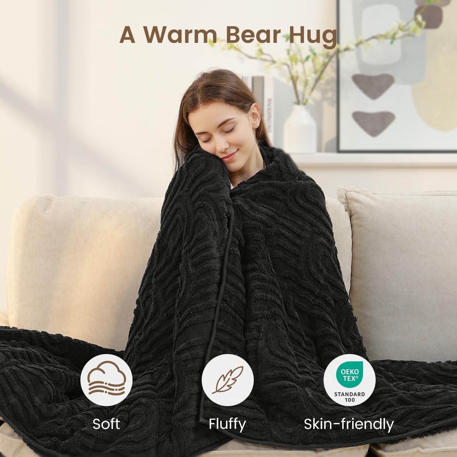 Sherpa Fleece Adult Weighted Blanket Great for Sleep, 15 lbs Dual Sided Soft Fuzzy Heavy Blankets for Couch Bed Sofa, Cozy Warm Fluffy Arched Jacquard Throw for Winter (Black, 60" x 80", 15 Pounds)