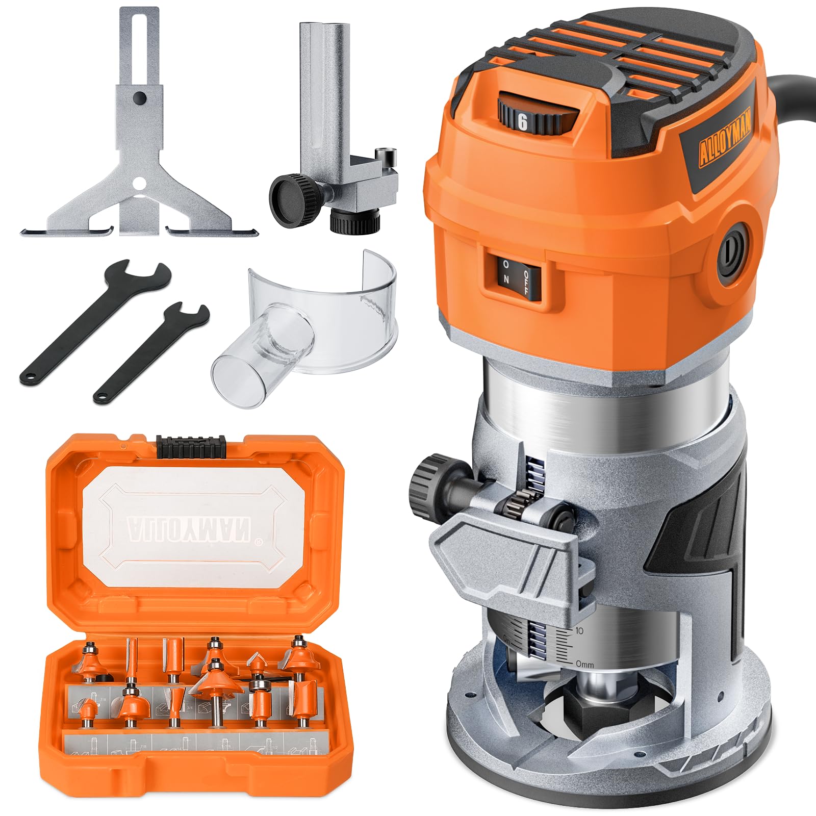 AlloymanRouter Tool, 8.5Amp Wood Router, Max 30000 RPM Handheld Palm Router, 6 Variable Speed, 12Pcs Wood Compact Router Bits, 950W Wood Trim Routers Kit for Woodworking Trimming