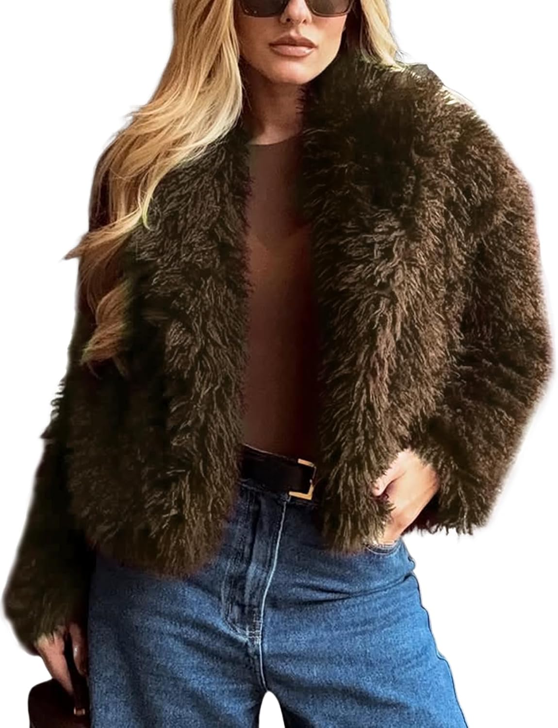 Yimoon Womens Faux Fur Coat Cropped Fluffy Fur Jacket Long Sleeve Lapel Collar Winter Fuzzy Shaggy Short Coat