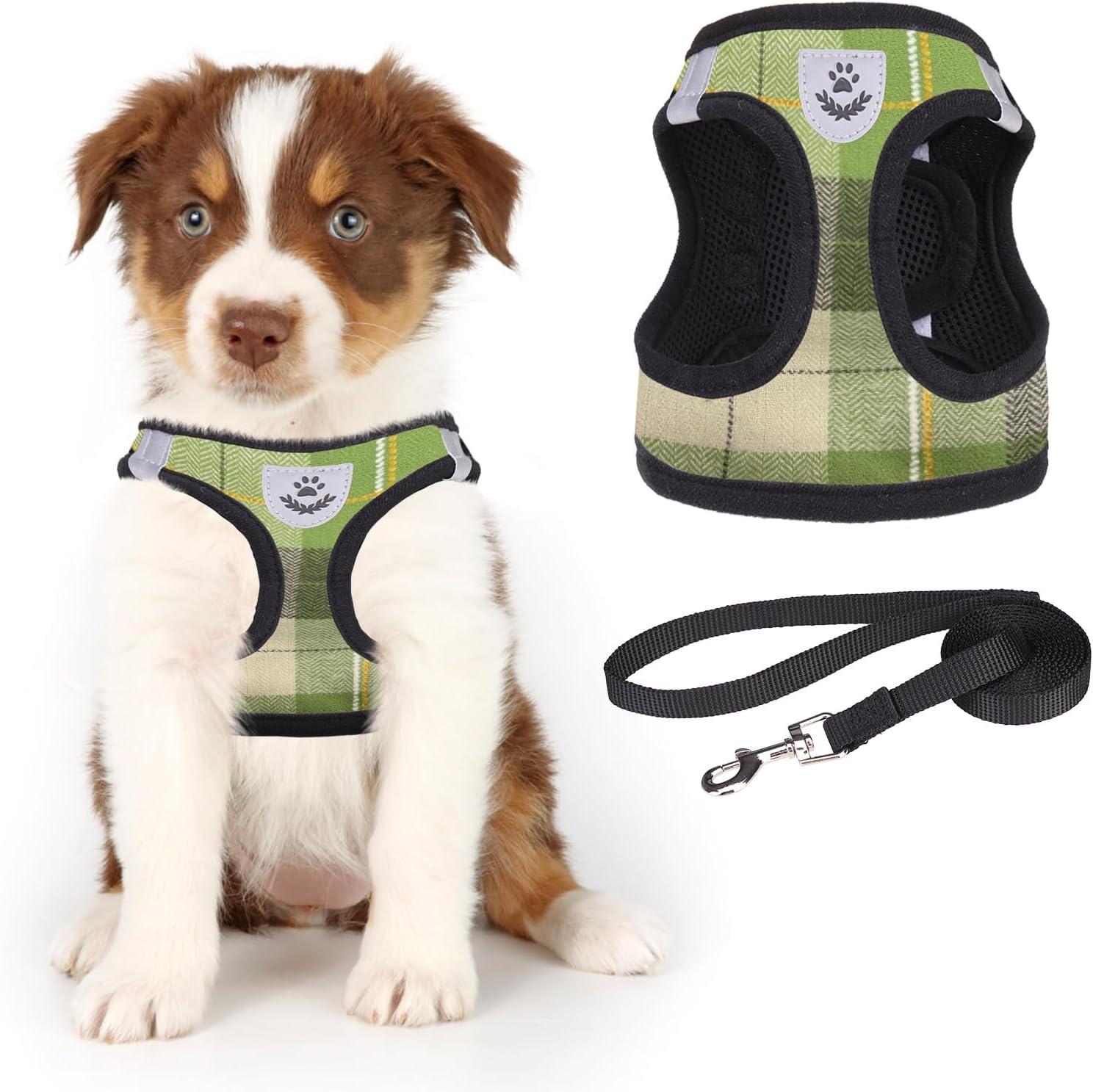 KOOLTAIL Dog Harness and Leash Set for Small Medium Dogs, Step in No Pull Soft Mesh Dog Harness Comfort Padded Pet Vest, Adjustable Reflective Easy Walking Puppy Cats Harness Training, Plaid Green XS
