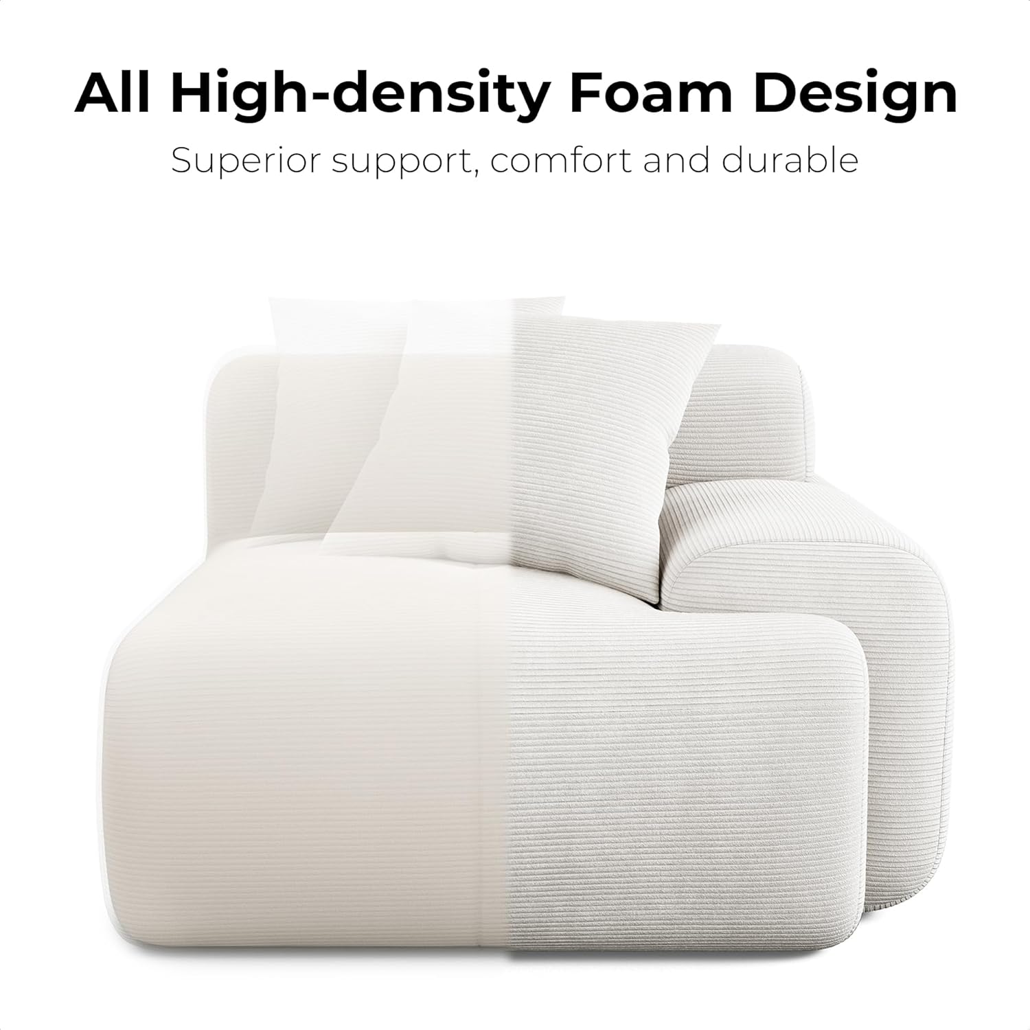 LIKIMIO 118" Modern L-Shaped Modular Sectional Sofa for Living Room, Corduroy Upholstery Beige, Oversized 3-Seater Couch with Deep Seat and Movable Ottoman – No Assembly