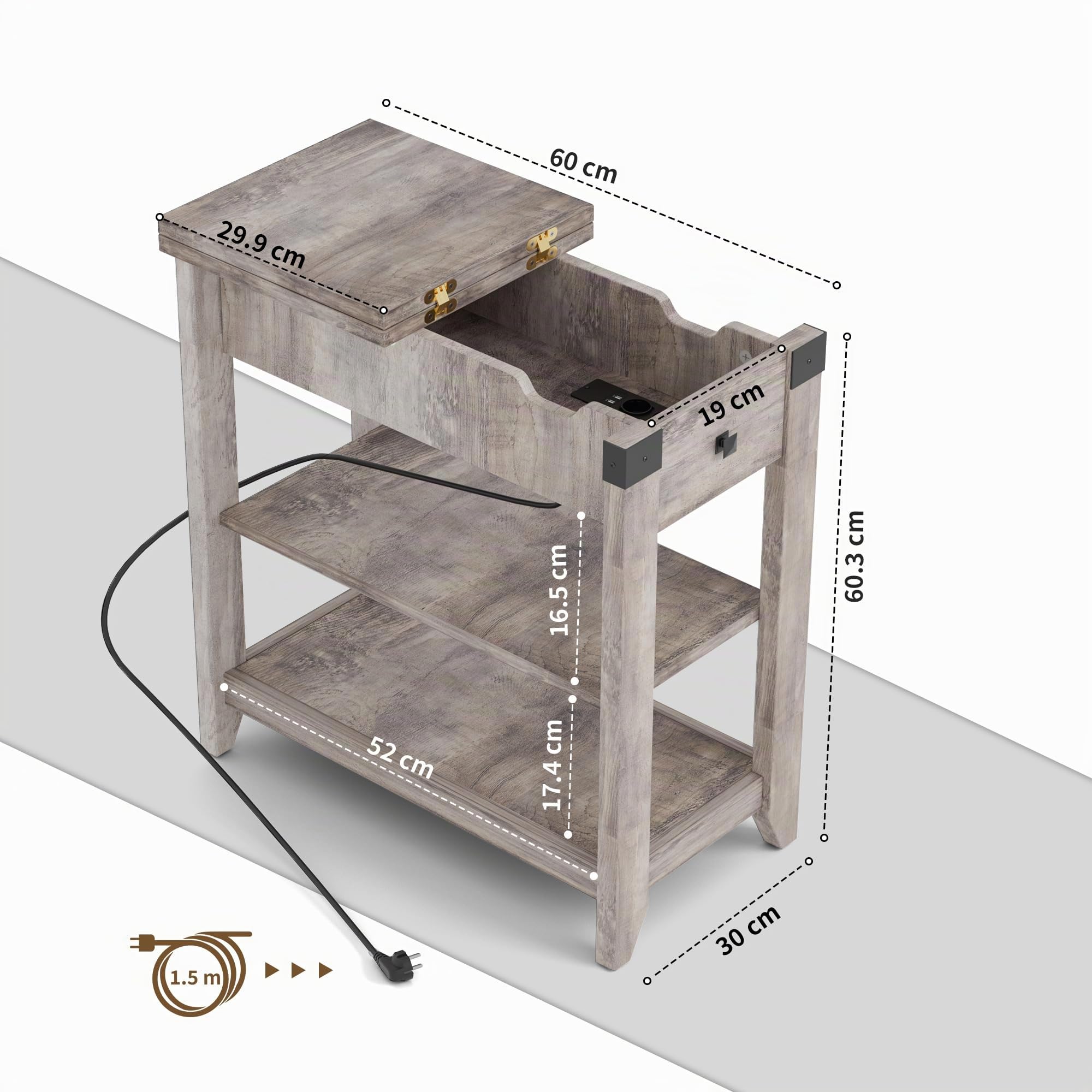 BonVache Beistelltisch, Nachttisch mit Ladefunktion, Sofatisch Klein, Schmal Couchtisch mit Ablage, 1 Schubladen, Zeitschriftenhalter, Nachtschrank für Wohnzimmer, Schlafzimmer, Grau