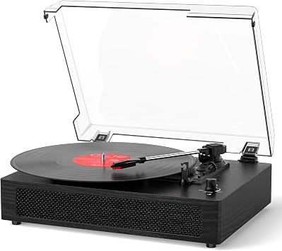 Vinyl Record Player with Bluetooth & Built-in Stereo Speakers, Vintage 3-Speed Belt-Drive Turntable with Auto Stop, RCA Output & AUX in/Out, Black Wood
