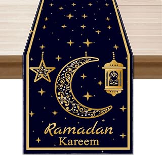 Eid Al-Fitr Ramadan Black Golden Kareem Moon and Stars Table Runner Burlap Table Decoration for Home Kitchen Dining Dinner Indoor Holiday Farmhouse Decor 13x36 Inch