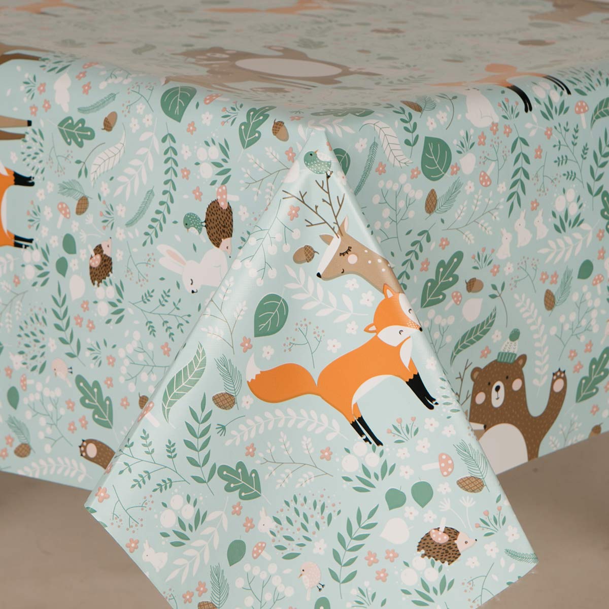 Home Expressions Woodland Fox Pvc Wipe Clean Vinyl Table Cloth/Protector Textile Backing, With Foxes, Bears, Hedgehogs, Bees, Green Leaves Woodland Theme (200cm x 135cm Oval)