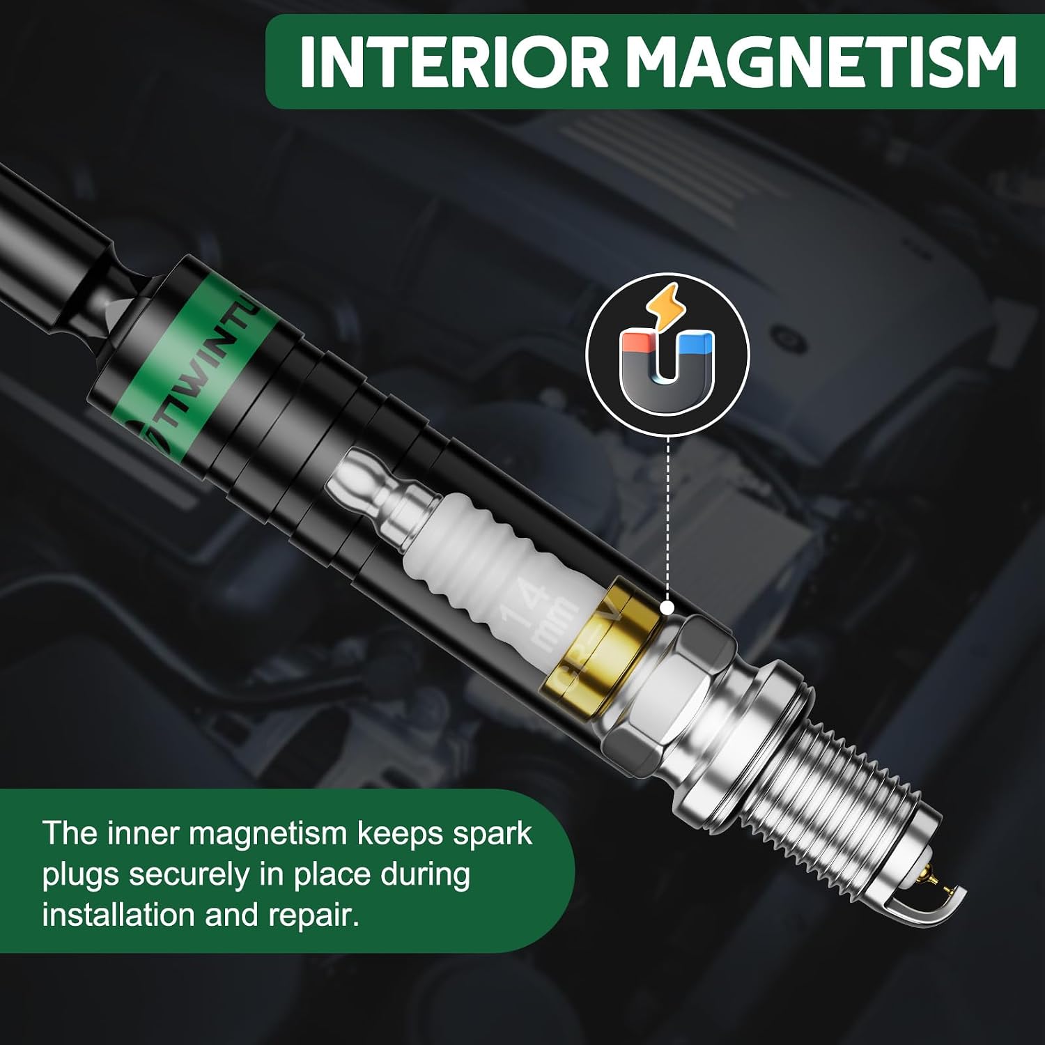 14mm Swivel Magnetic Spark Plug Socket, 3/8" Drive x 13" Total Length Spark Plug Removal Tool with CR-V Steel, 12-Point, Enhanced Magnetic Design, 360 Degree Swivel Thin Wall Socket