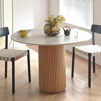Modern White Round Marble Table, Natural Pine Wood Pedestal Dining Table,Fashion Kitchen Table Coffee Table Restaurant Furniture 31.5" L x 31.5" W x 29.5" H, White