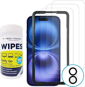 Tech Armor Complete Protection for Apple iPhone 16 6.1 Inch - Premium Ballistic Glass Screen Protector 3 Pack, Camera Lens Protector and Purify Go Cleaning Wipe 100 count