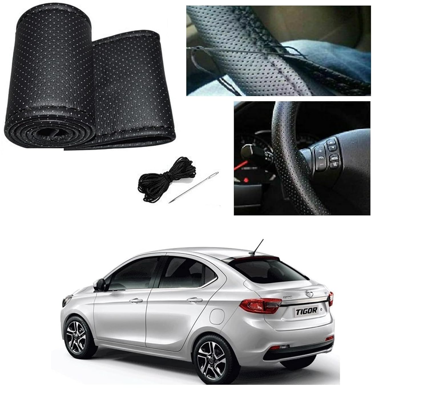Auto Addict Leatherite Stiched Steering Cover Black for Tata Tigor