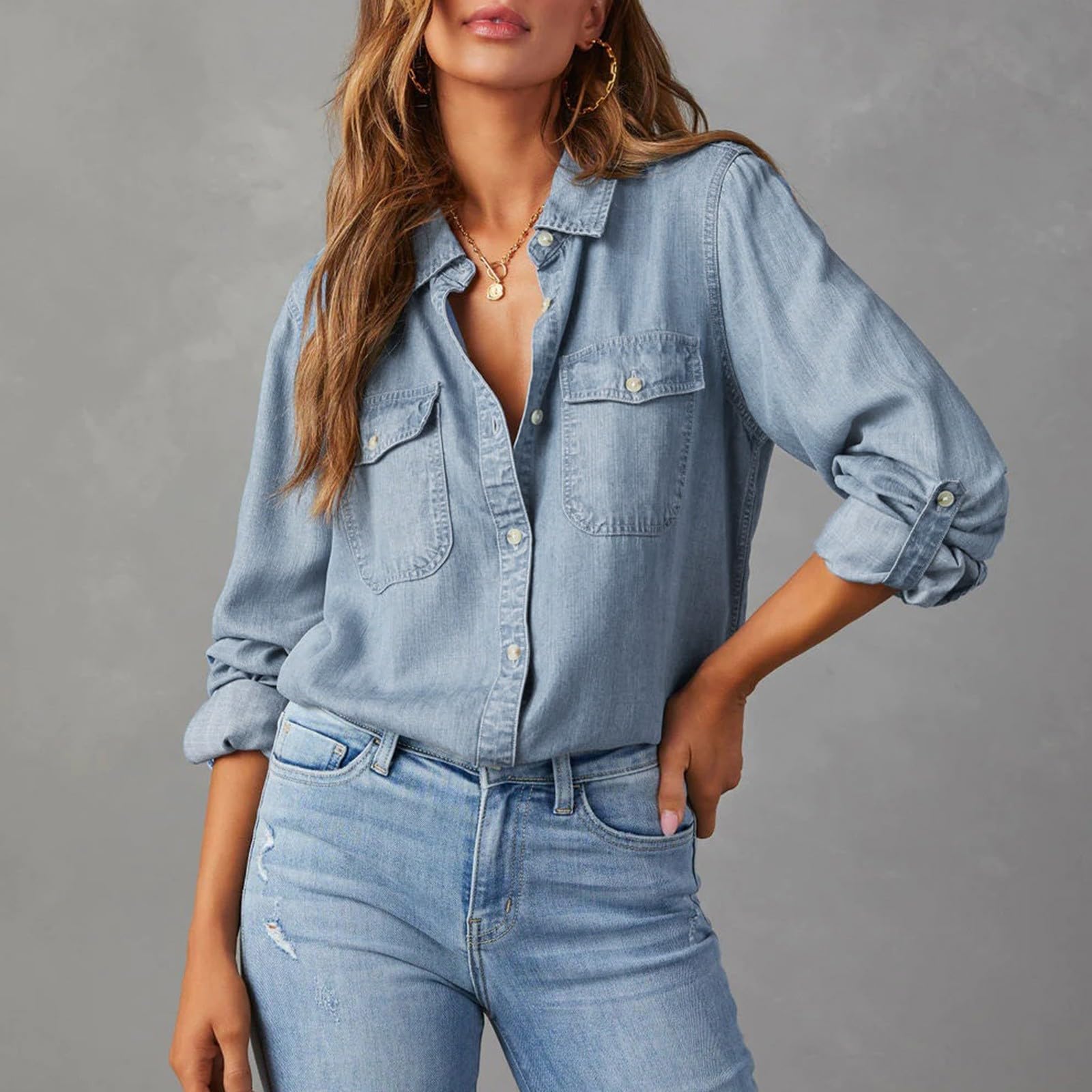 T-shirt à manches longues pour femme, élégant, en coton, pour l'été, oversize, col en V, couleur unie, fermeture avant, chemisier surdimensionné, pour le travail, tunique classique