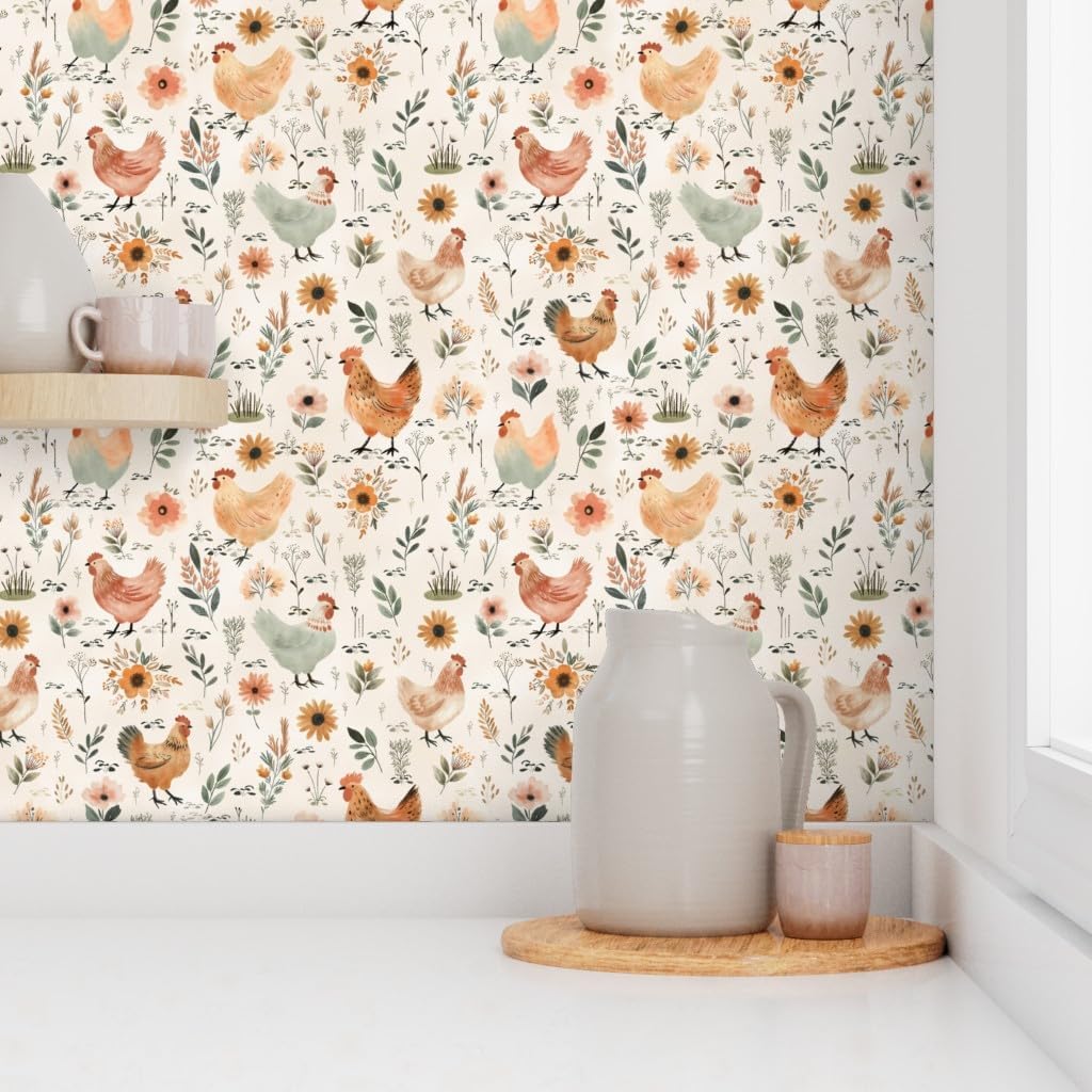 Peel & Stick Wallpaper 3ft x 2ft - Pastel Hens Farmhouse Spring Florals Medium Watercolor Easter Bohemian Baby Chicken Boho Custom Removable Wallpaper by Spoonflower