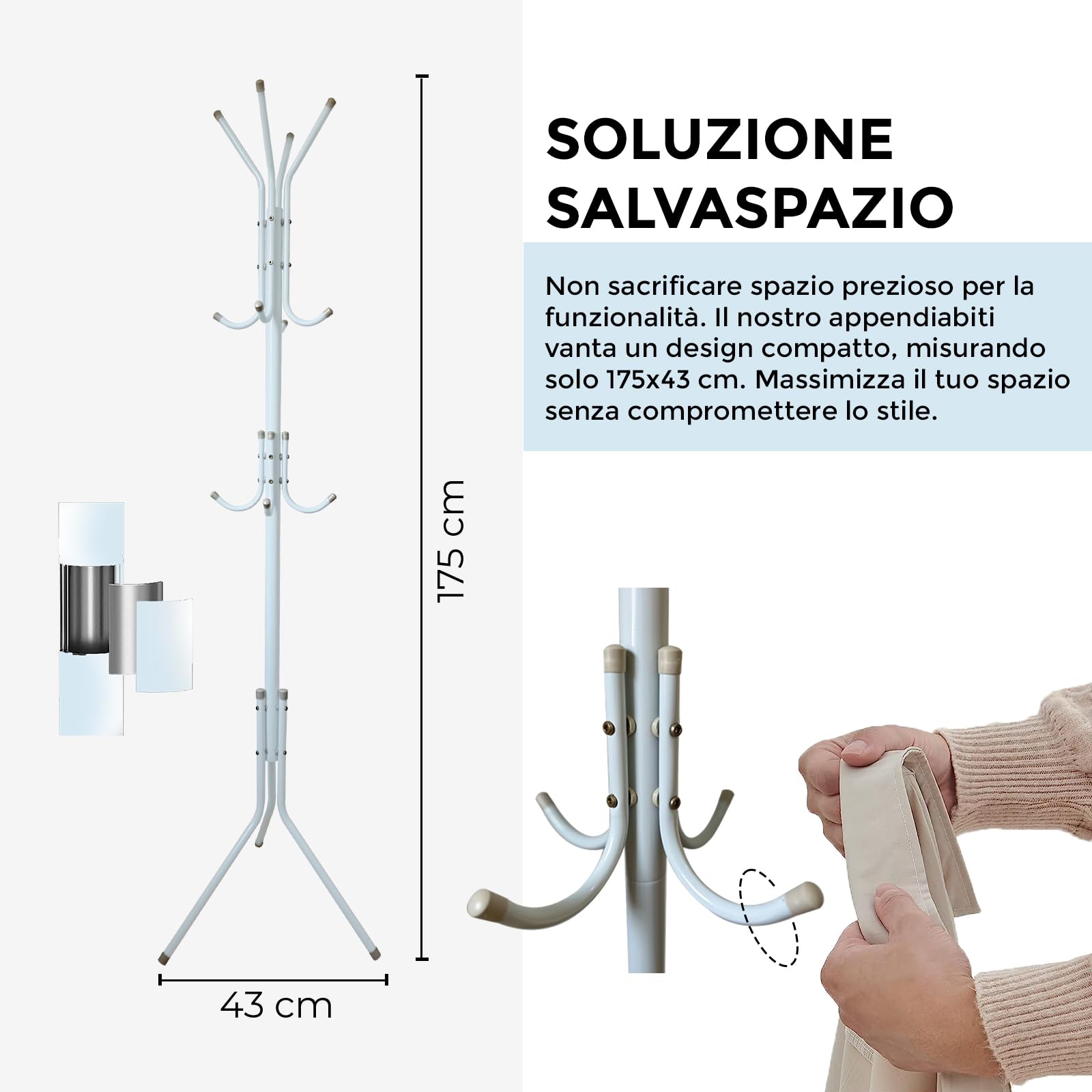 Attaccapanni da terra in metallo appendiabiti per abiti, borse, cappotti con 12 ganci, con base triangolare per una maggiore stabilità 175x43cm (BIANCO)