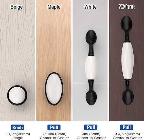 Miniatura 2 de KNOBWELL Paquete de 12 manijas de gabinete de cocina de aleación de zinc de cerámica blanca y negra, tiradores de cajón de tocador de porcelana,
