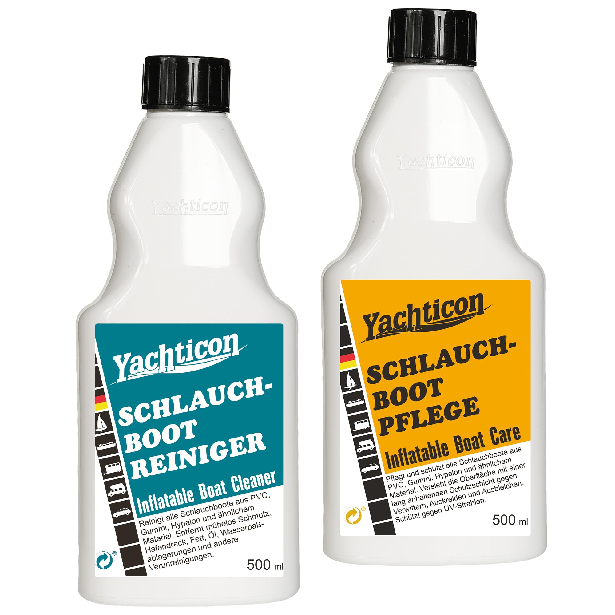 YACHTICON Schlauchboot Reiniger & Pflege Set 2x500 ml – Spezial Set für Schlauchboote aus PVC, Gummi & Hypalon – Reinigung & UV-Schutz in einem – entfernt Öl, Schmutz & Wasserpass-Ablagerungen