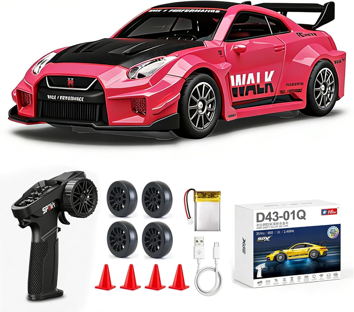 1/43 Scale RC Drift Car, Mini GTR35 RC Model Car 2.4GHz 4WD RC Alloy D43 Vehicles with Gyro & LED Lights for Adults Hobby Toys (Red)