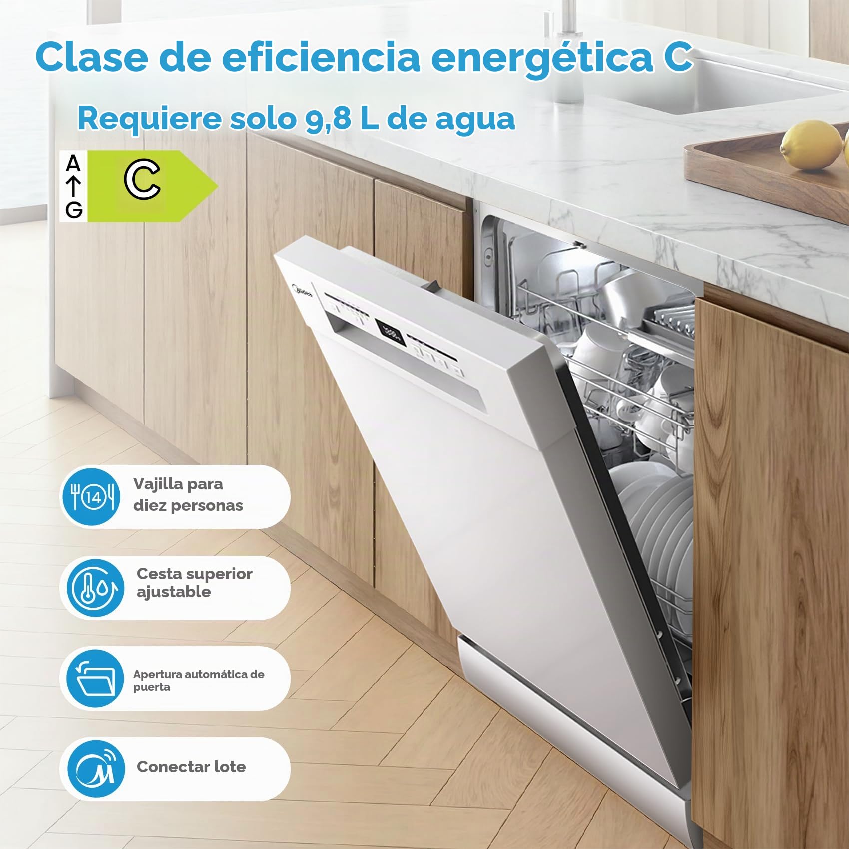 Midea SF 5.60NW14C Lavavajillas 60 cm Independiente y Bajo Encimera, 14 MGD, Cuidado de la Higiene +, Lavado por Zonas, 7 Programas, Lavavajillas 60 cm con WiFi, Inicio Retrasado