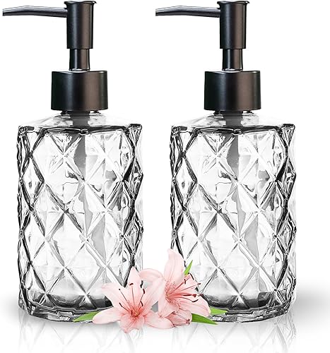 Top-spring Dispensador de jabón de vidrio de 12 onzas, paquete de 2 dispensadores de jabón de loción recargables para baño, cocina, jabón de manos,