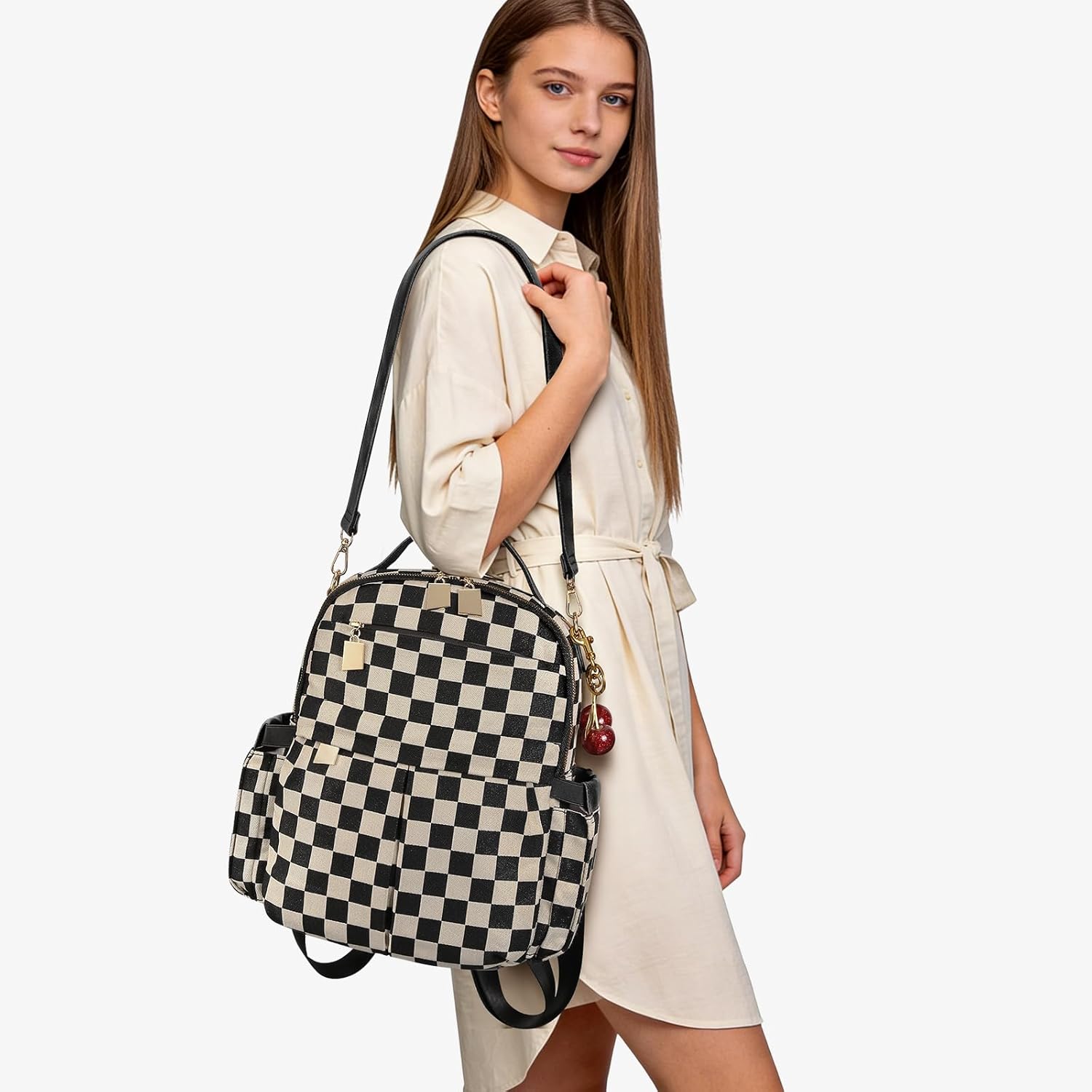 Small Backpack Purse for Women Checkered Back Pack Purses Ladies Backpack Handbags with Cherry Pendant Work Travel