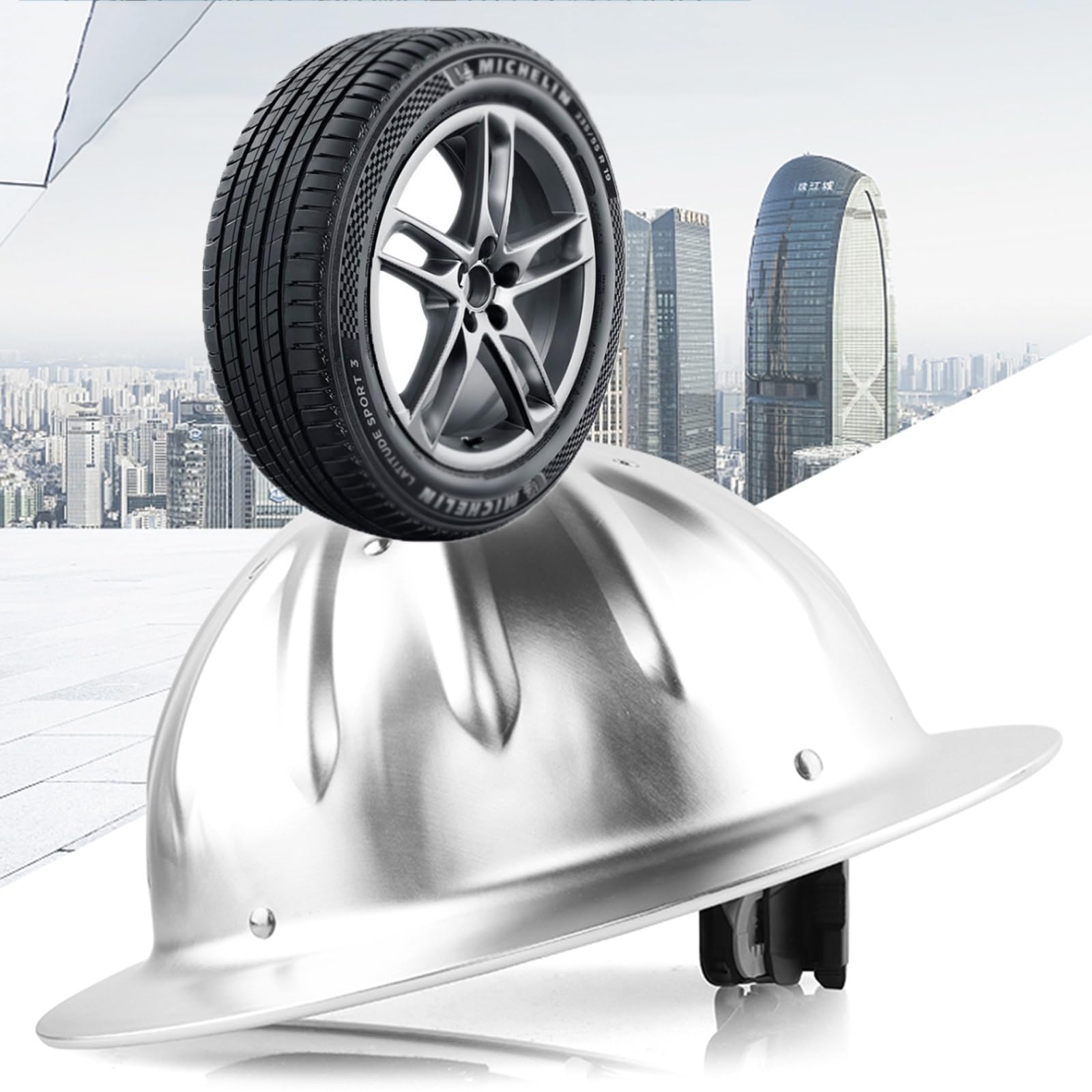 Casco da cantiere ad alta resistenza in lega di alluminio a tesa larga, cappello da lavoro all'aperto, casco in metallo, fodera per il sudore rimovibile regolabile e sottogola con fascia per cappello