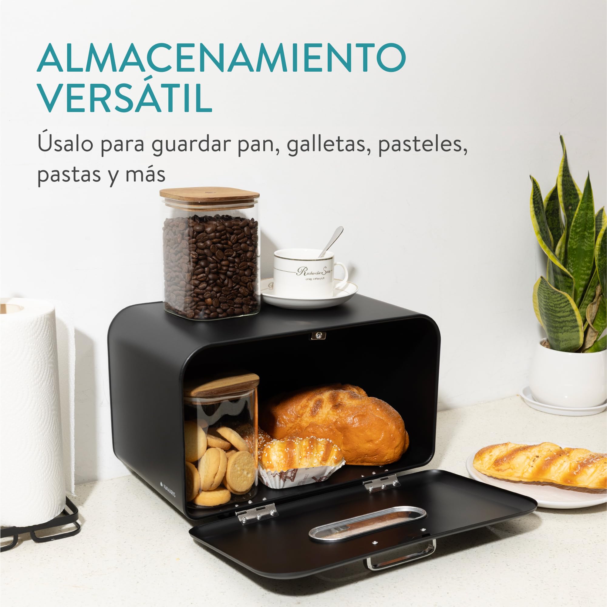 Navaris Paneras para Guardar el pan - Panera para Guardar Pan con Diseño Retro - Contenedor de Metal con Tapa y Ventana Frontal - Negro