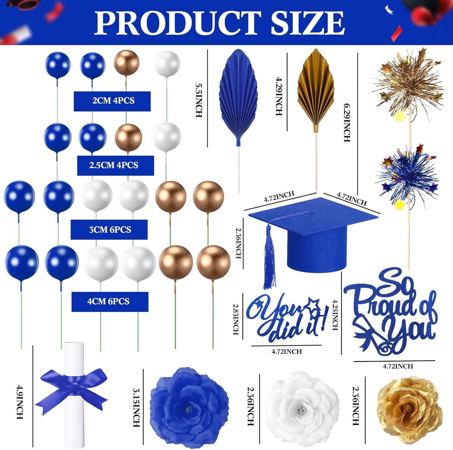 Sureio 48 Pcs Graduation Cake Toppers Class of 2026 Congrats Grad Cake Decor Graduation Cap Diploma Artificial Flower Card Ball Palm Leaves Firework Stick Kit for Theme Party Supplies(Blue, Gold)