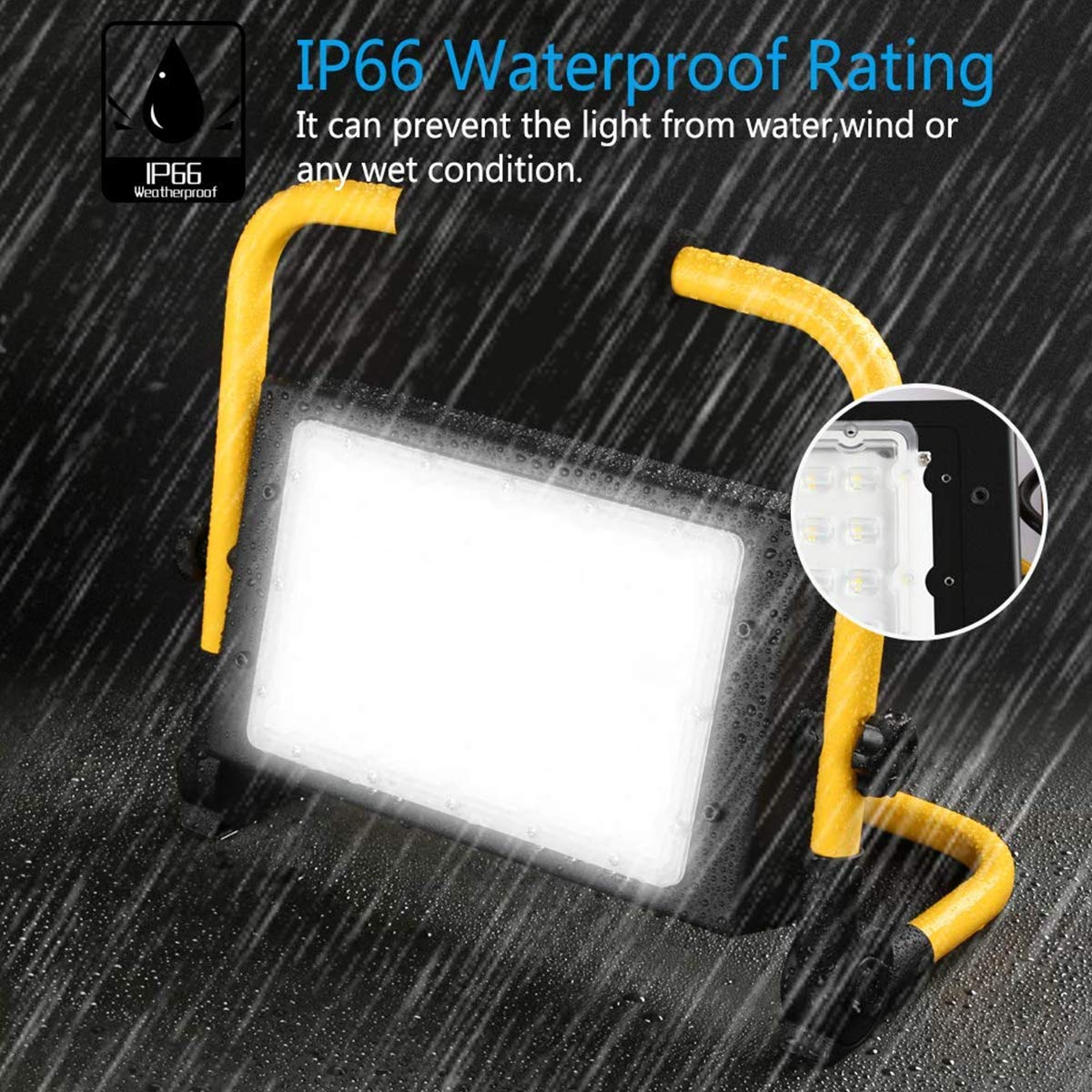 Lampa robocza LED z możliwością ładowania, przenośna lampa przeciwpowodziowa 50 W, wodoodporność IP65, regulowana za pomocą sznurka 4,9 m, zaawansowana soczewka optyczna, idealna do użytku na zewnątrz