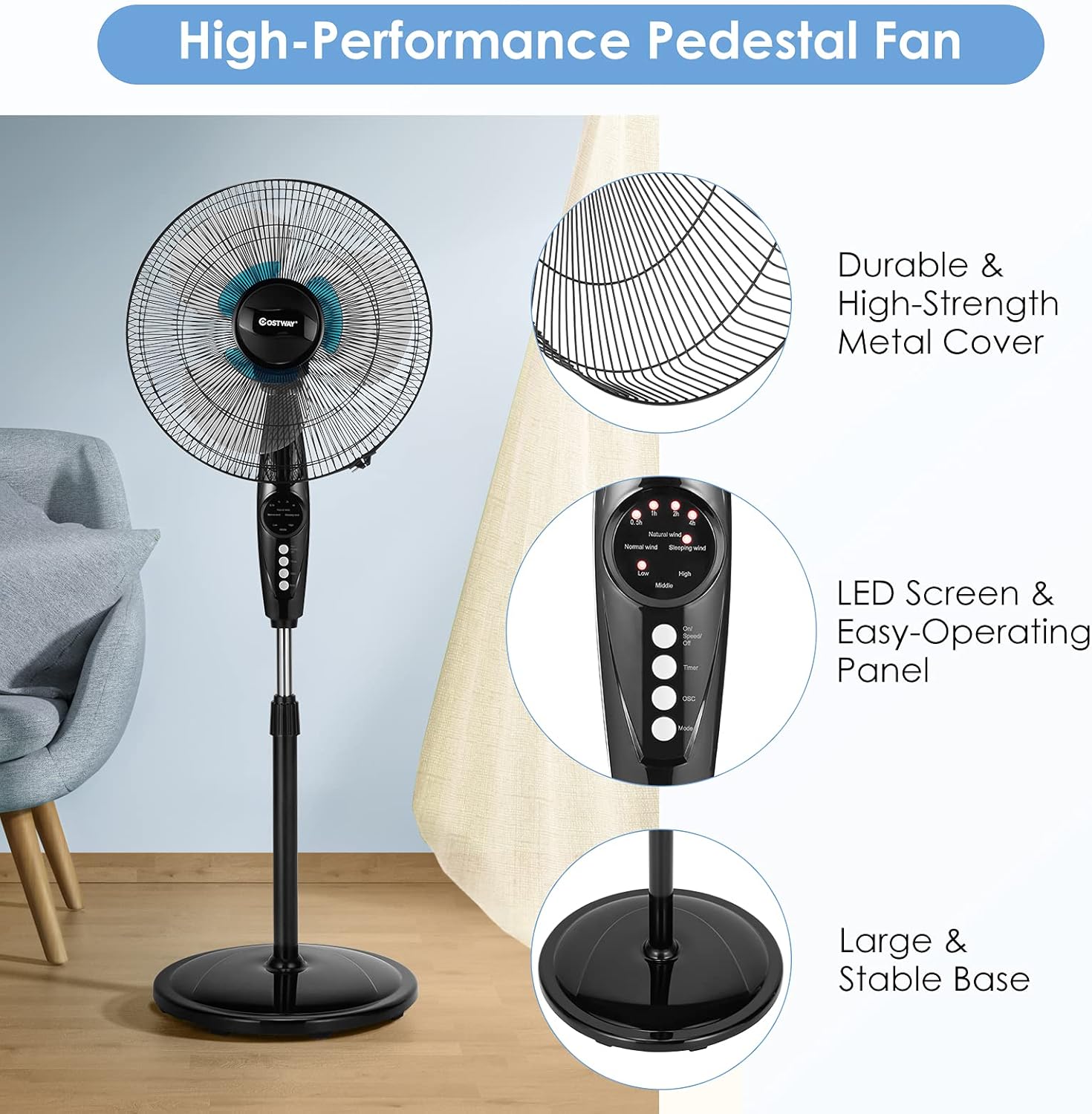 Osoba spokojnie śpiąca w sypialni, w tle cicho pracujący wentylator Costway, którego cicha praca i delikatny powiew powietrza gwarantują spokojny sen.