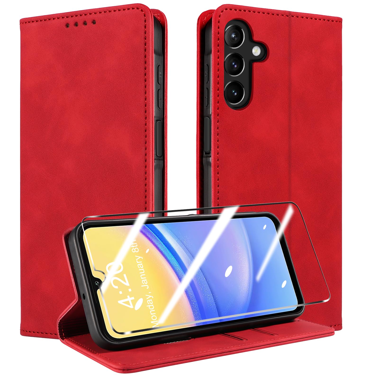 QHOHQ Cover per Samsung Galaxy A15 4G/5G + Vetro Temperato, [RFID Antifurto], Libro Custodia Portafoglio Premium Pelle PU, [Multifunzionale], Chiusura Magnetico Aletta Antiurto Case (Retrò)-Rosso