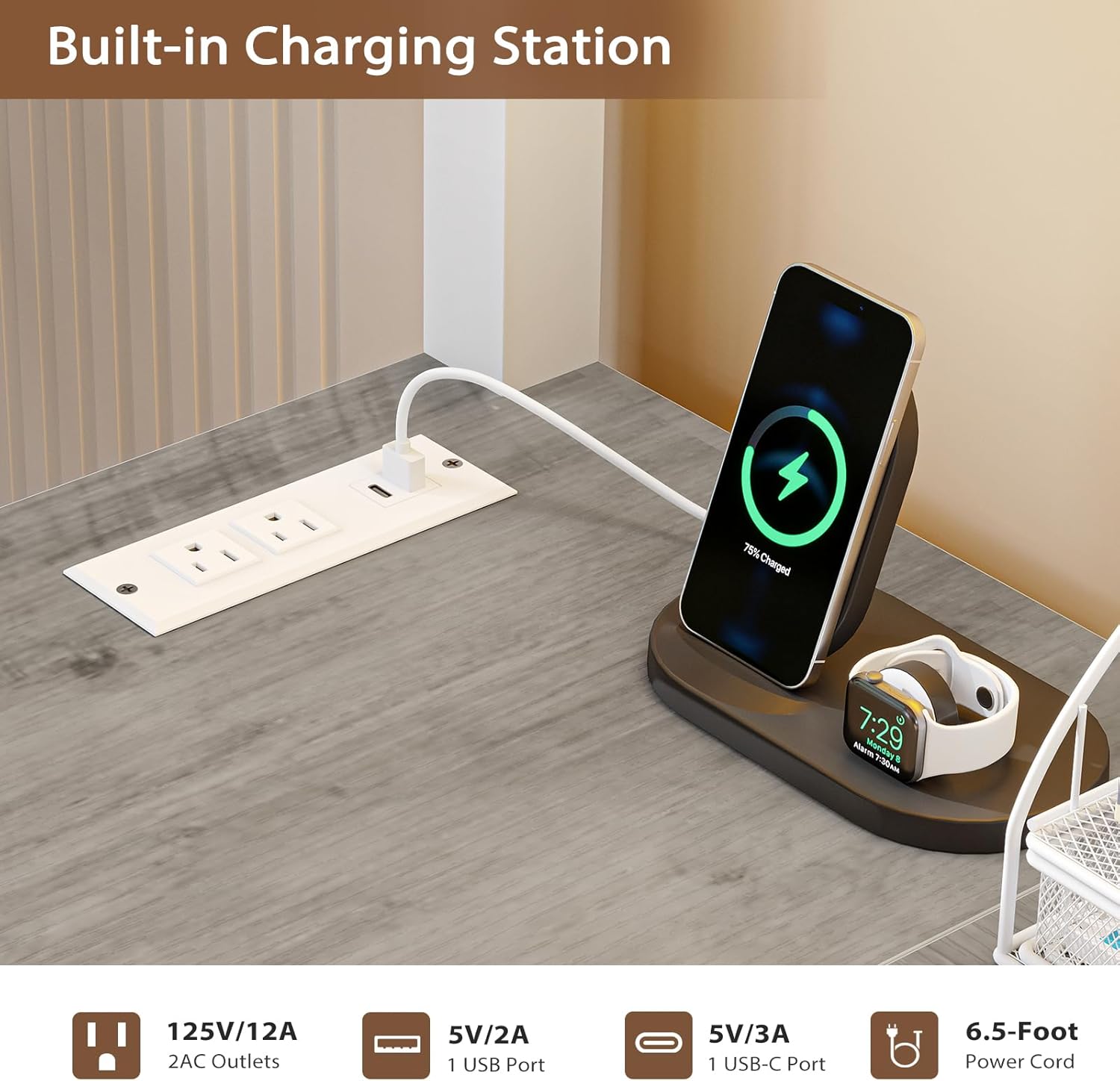 Close-up of the built-in charging station with AC outlets, USB, and USB-C ports