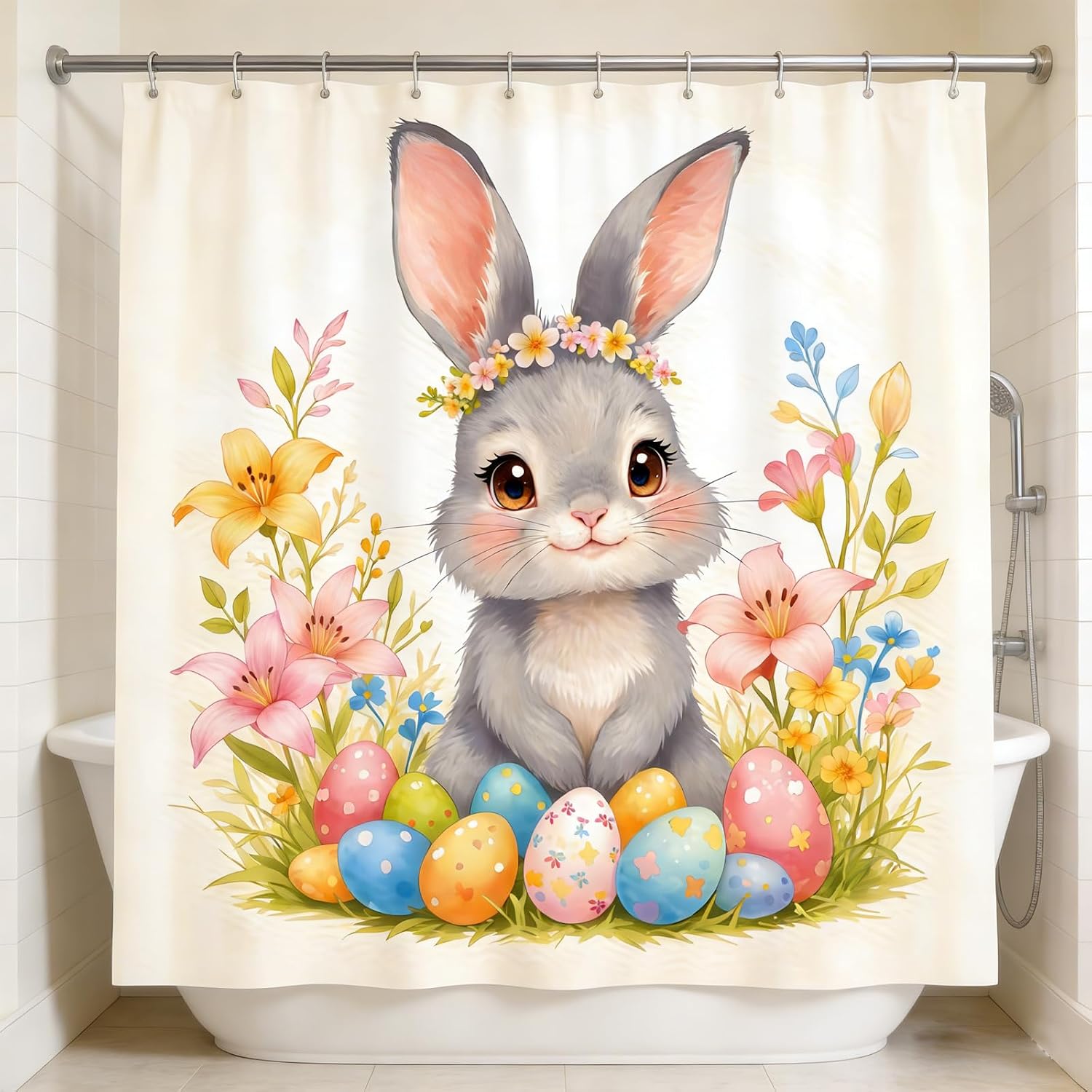 Easter Bathroom Set, 1-Piece Easter Shower Curtain Set, Cute Bunny Butterfly Flowers, Waterproof Polyester Insulated Home Decor, 72x72Inch, Holiday Decoration Waterproof Shower Curtain Set image 5