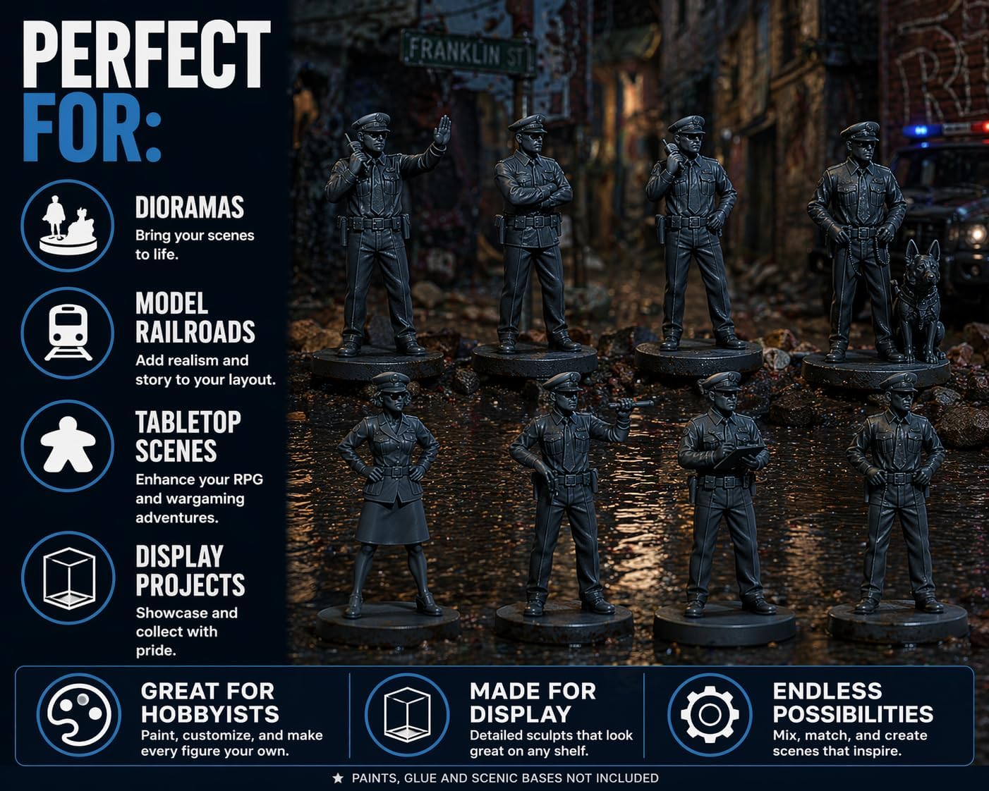 O Scale Police Figures, 42mm Resin Miniatures, 8-Piece Unpainted Gray Set for Dioramas, Railroad Layouts, Tabletop Scenery & Painting