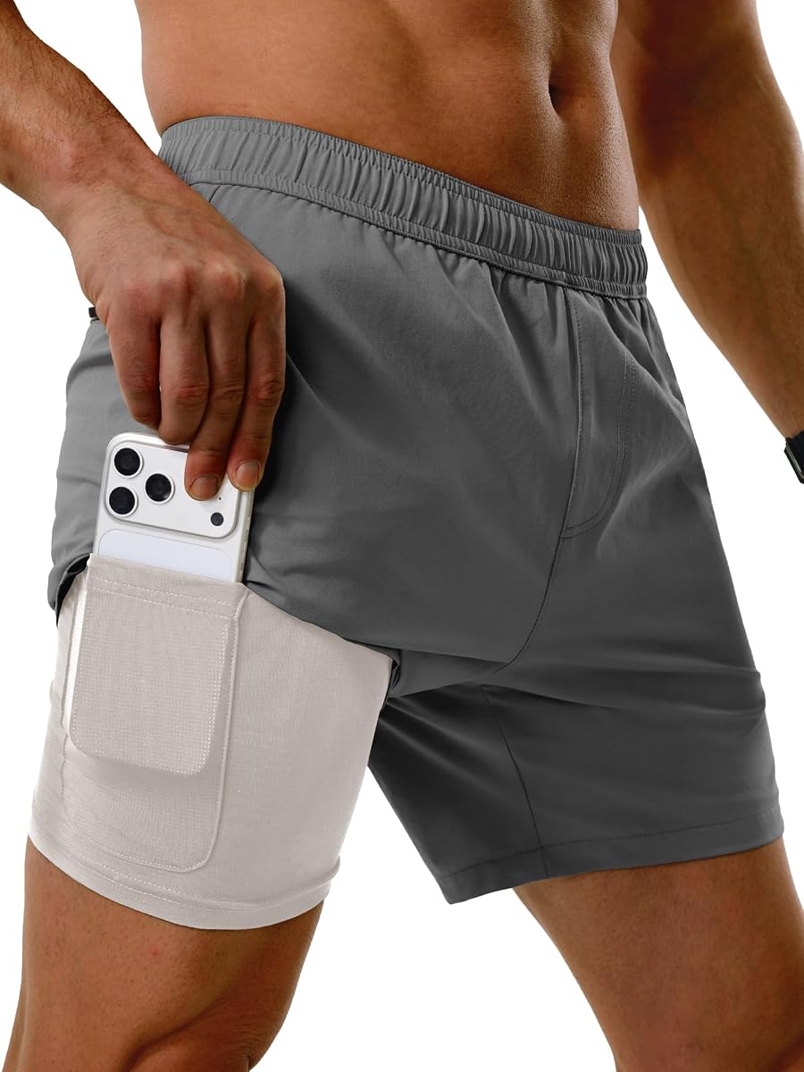 Comdecevis Pantalones cortos para correr para hombre, entrepierna de 5 pulgadas, secado rápido, 2 en 1, pantalones cortos deportivos ligeros para entrenamiento en gimnasio