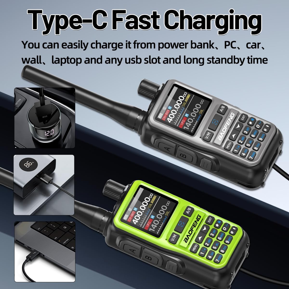 Baofeng UV-5R Mini radios being charged via USB-C
