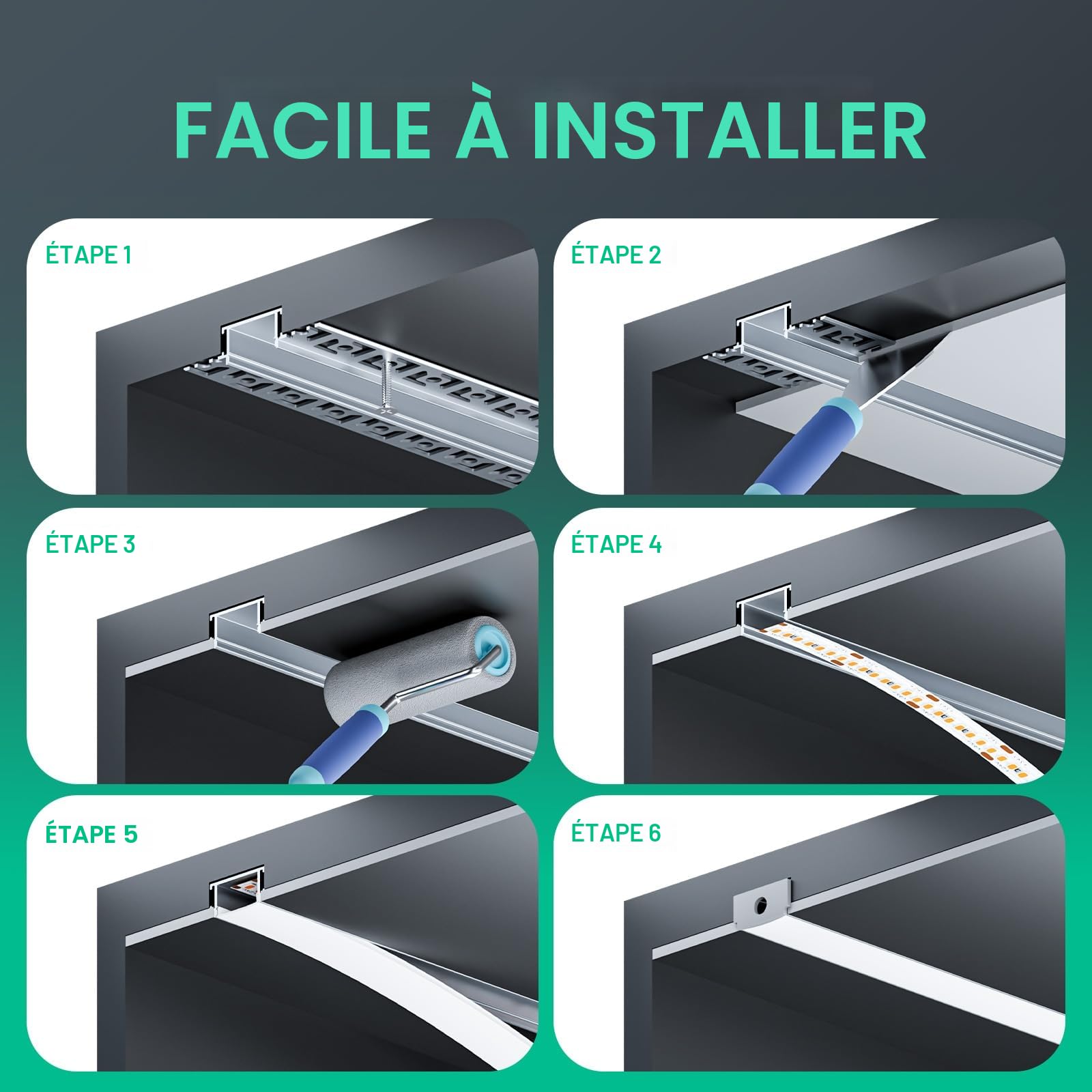 Profilé LED Encastrable 26 x 2m – Profilé U Forme pour Ruban LED Jusqu’à 20,2 mm – Diffuseur Laiteux, Embouts – Canal Aluminium pour Ruban, Installation Facile