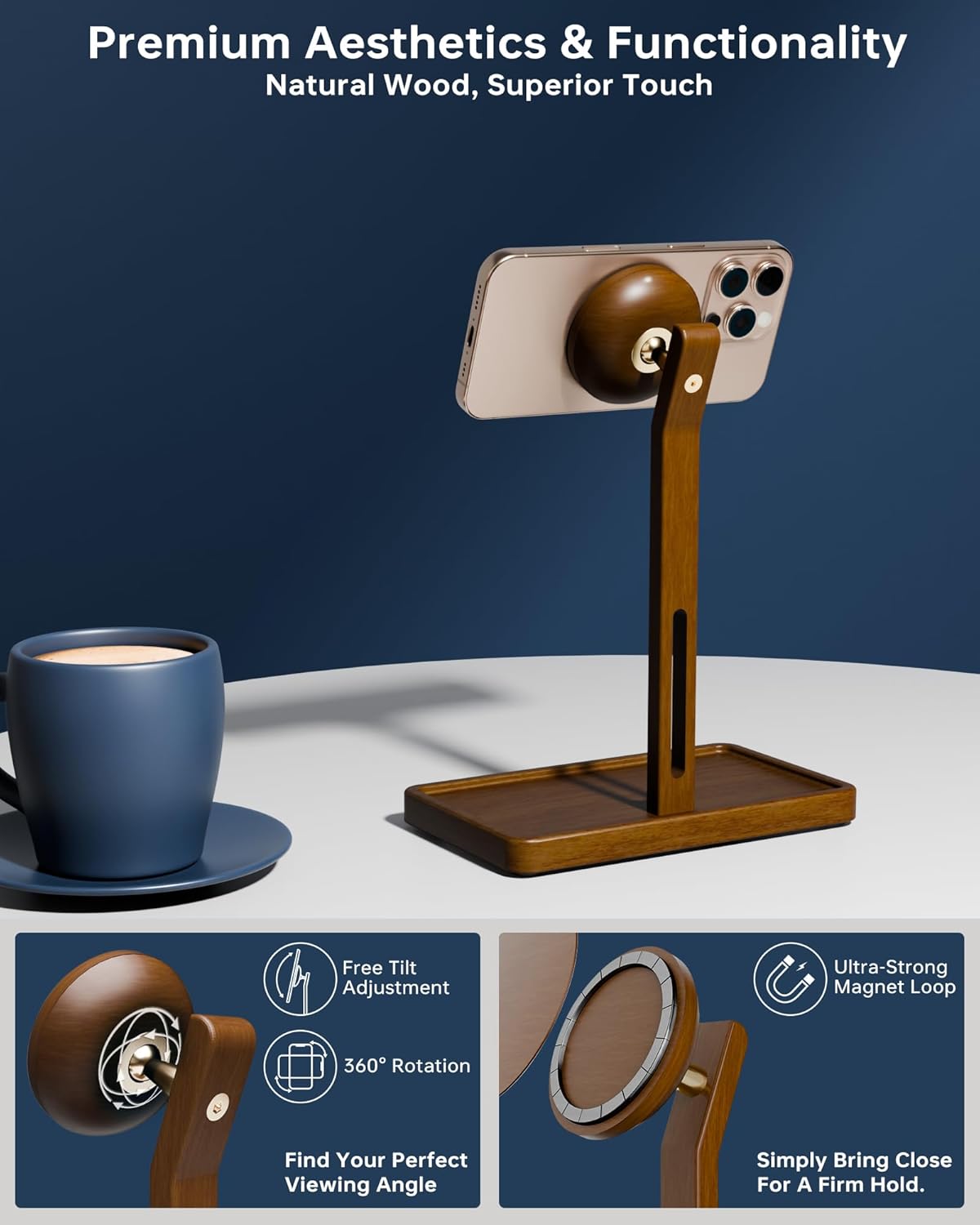 YEOUX Premium Magnetic Phone Holder for Desk | Solid Walnut Wood | 360° Free Adjustable | MagSafe Compatible, for iPhone 17 16 15 14, Stylish Desk Accessory