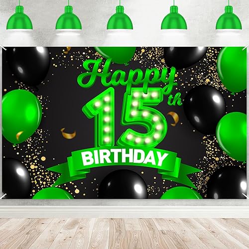 Cartel de feliz cumpleaños 15 color verde y negro, telón de fondo con texto en inglés "Cheers to 15 years old confeti", globos de confeti,