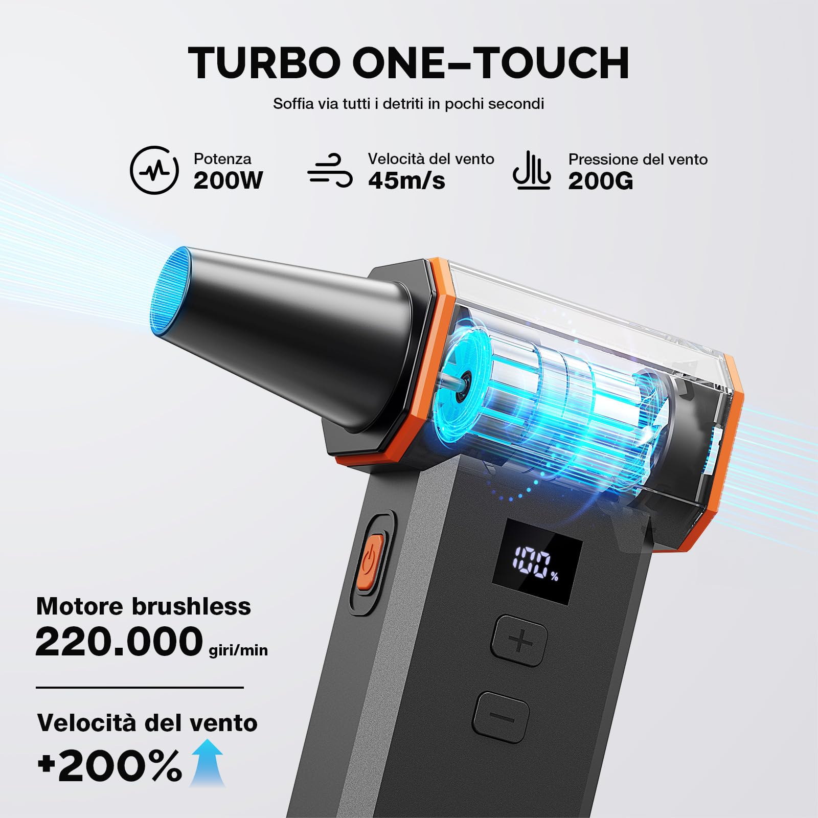 Spolverino elettrico ad aria 220.000 giri/min, 100 livelli continui, motore brushless e display a LED, senza fili, con kit di pulizia, mini soffiatore per PC, tastiera, auto, casa e all'aperto