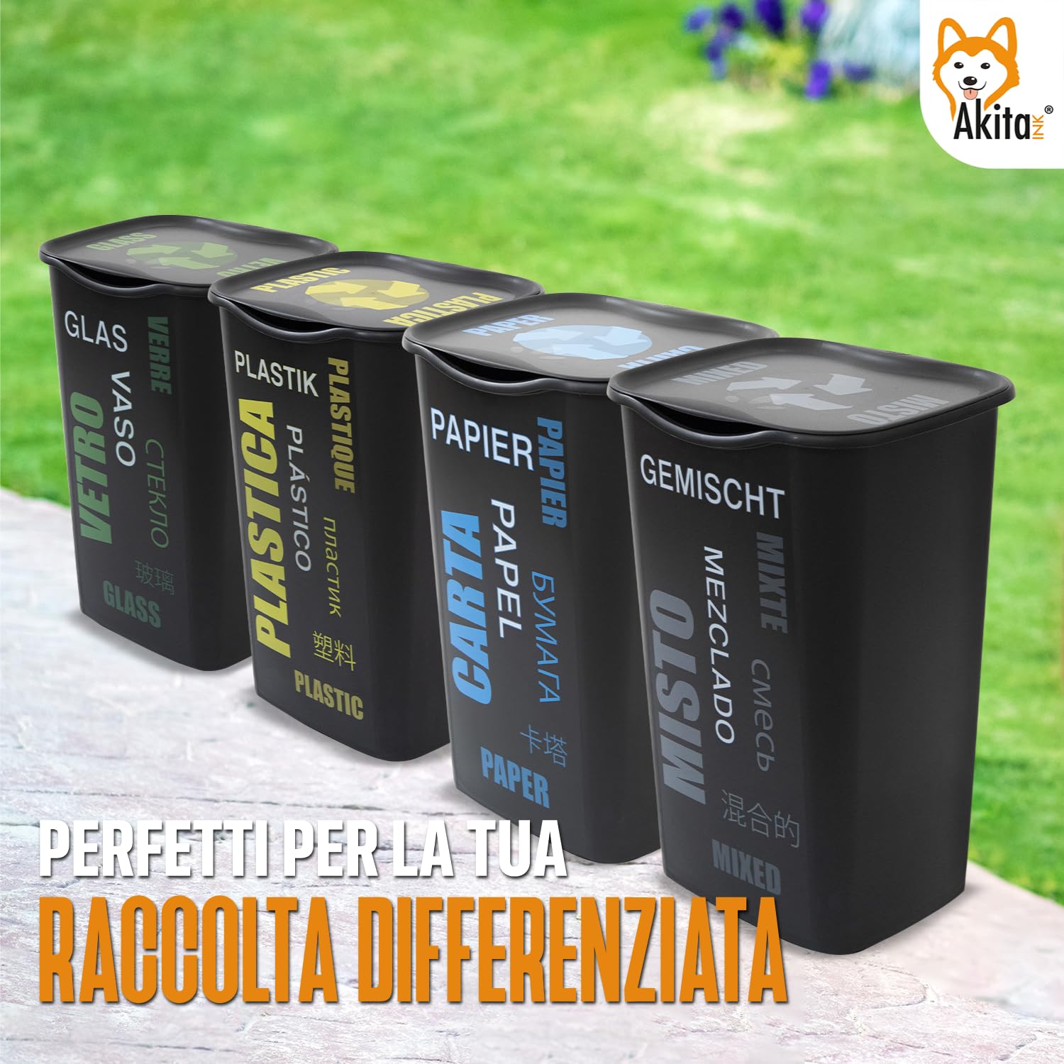 AKITAInk Set 4 Pattumiere Raccolta Differenziata con Coperchio - 50 Litri - AKIPOKERDESIGN con Scritte Carta, Plastica, Vetro, Misto | Design Funzionale e Capiente
