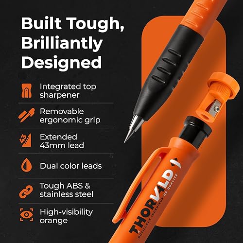 Miniatura 3 de THORVALD - Marcadores de carpintero 2 en 1 con empuñadura para dedos para carpintero, incluye 7 minas y sacapuntas, portaminas macizo con punta