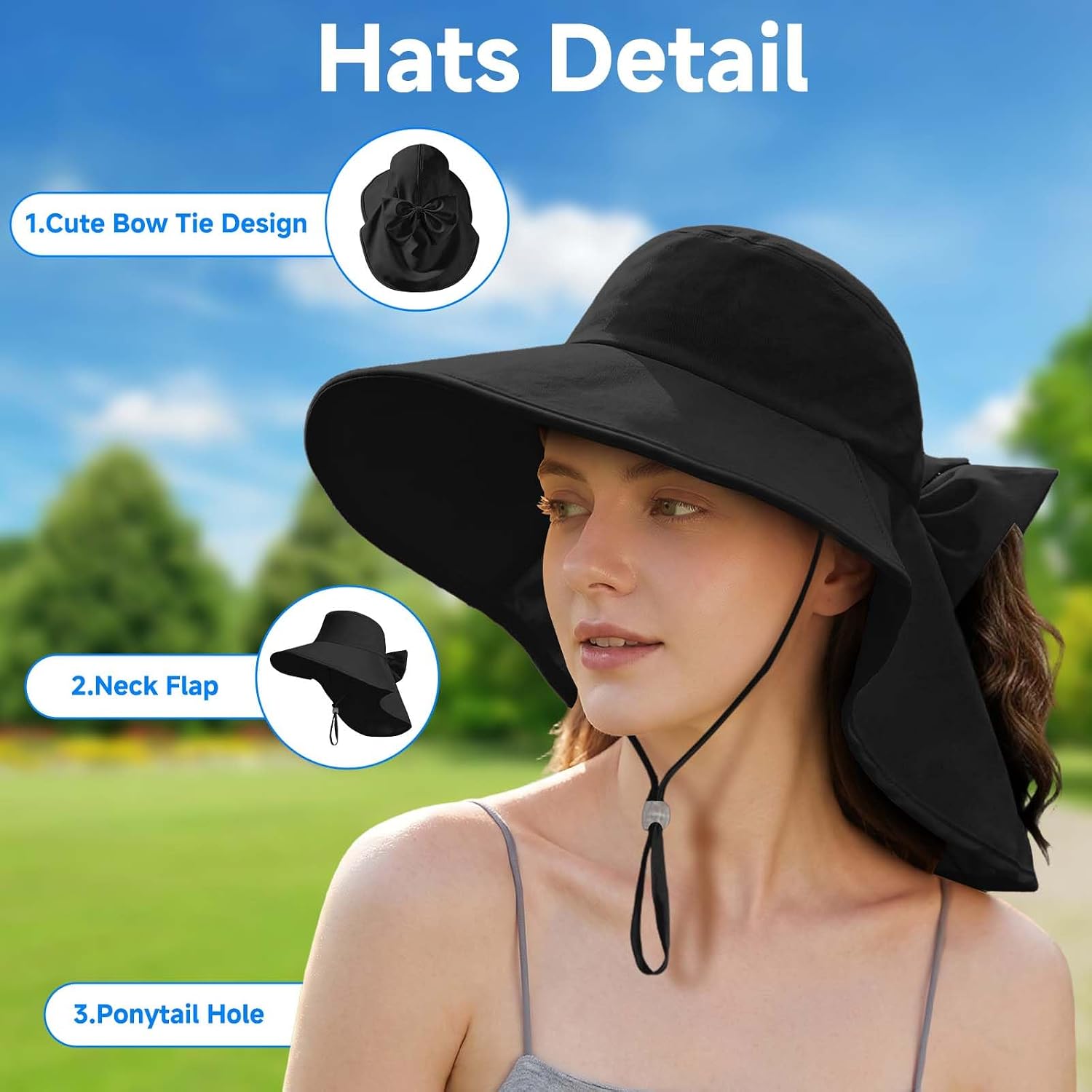 Womens Ponytail Hole Sun Hat with Neck Flap Outdoor UPF 50+ image 2