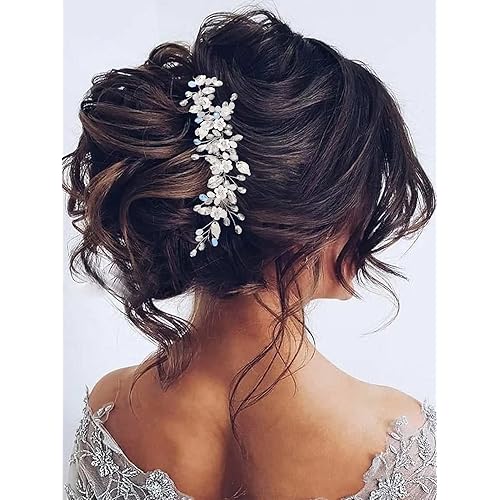 GORAIS Rhinestone Bride Wedding Hair Vine Silver Flower Bridal Hair Piece Leaf Headpiece Opal Hair Accessories for Women and Girls