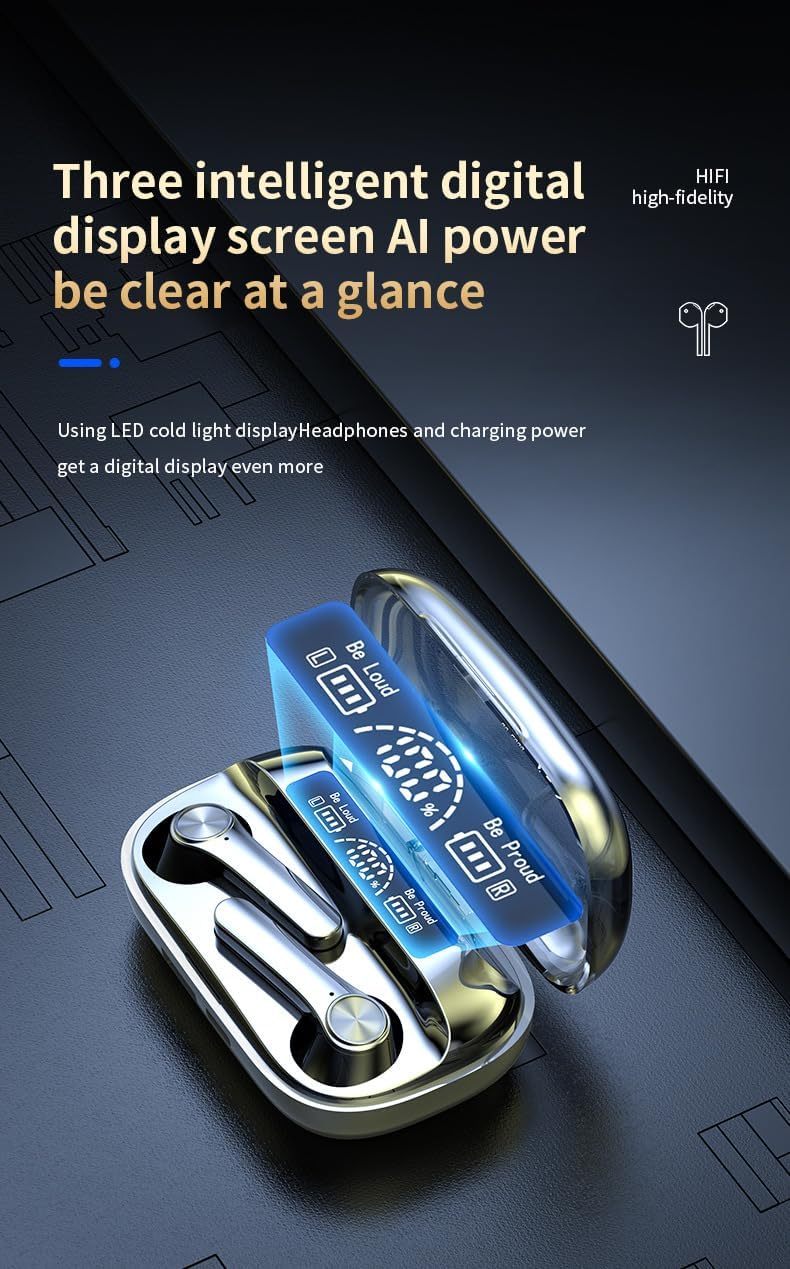 Ear Buds Wireless Bluetooth 5.3 Headphones Noise Cancelling Sports Headset with LED Battery Display,Mics Clear Call, IPX5 Waterproof Bluetooth Earbuds for Workout Sports Earbuds