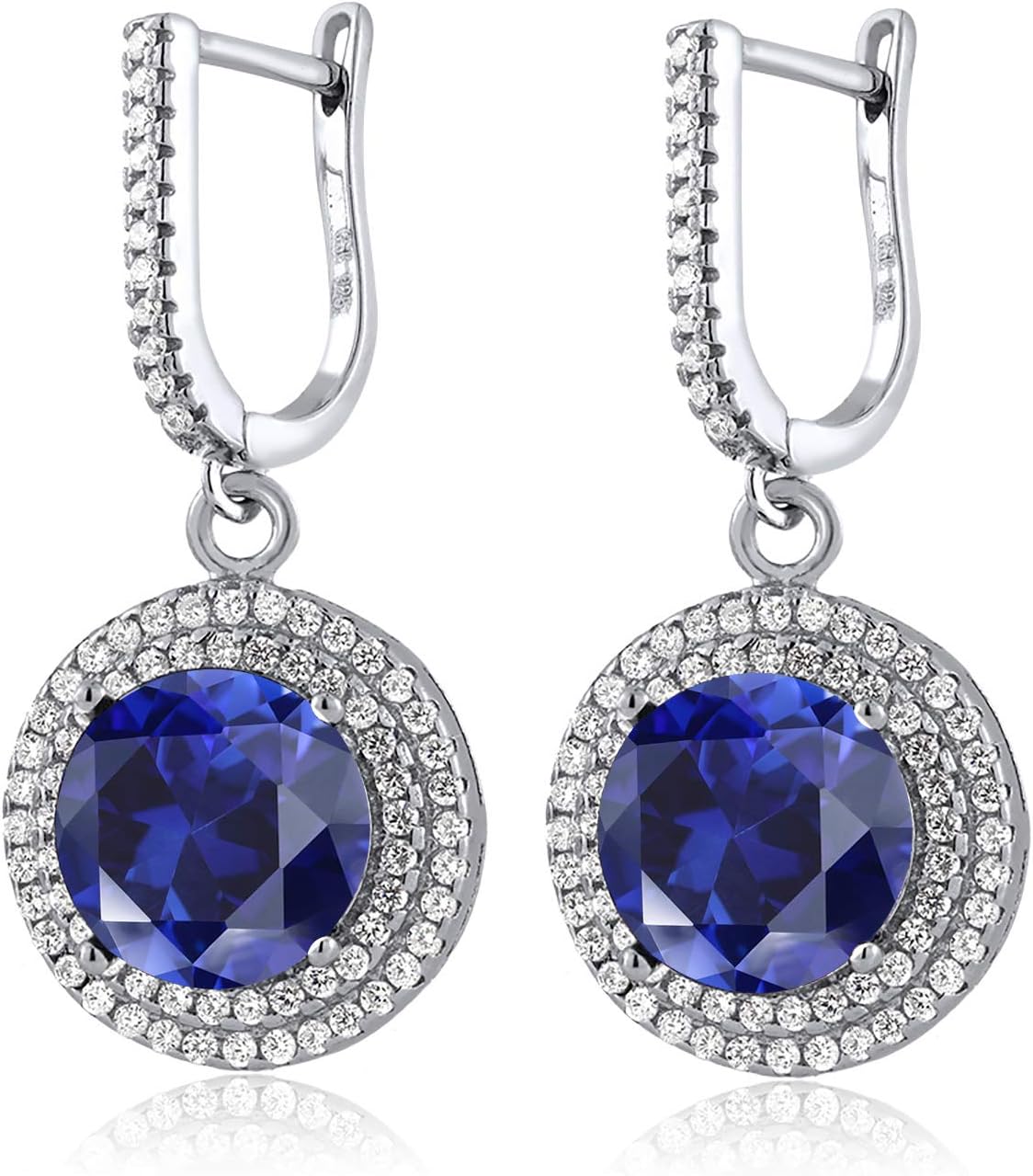 Gem Stone King Round Double Halo Leverback Dangle Earrings for Women | 925 Sterling Silver | 10MM Round Gemstone Birthstone | Fine Jewelry Gifts for Her Mom Wife