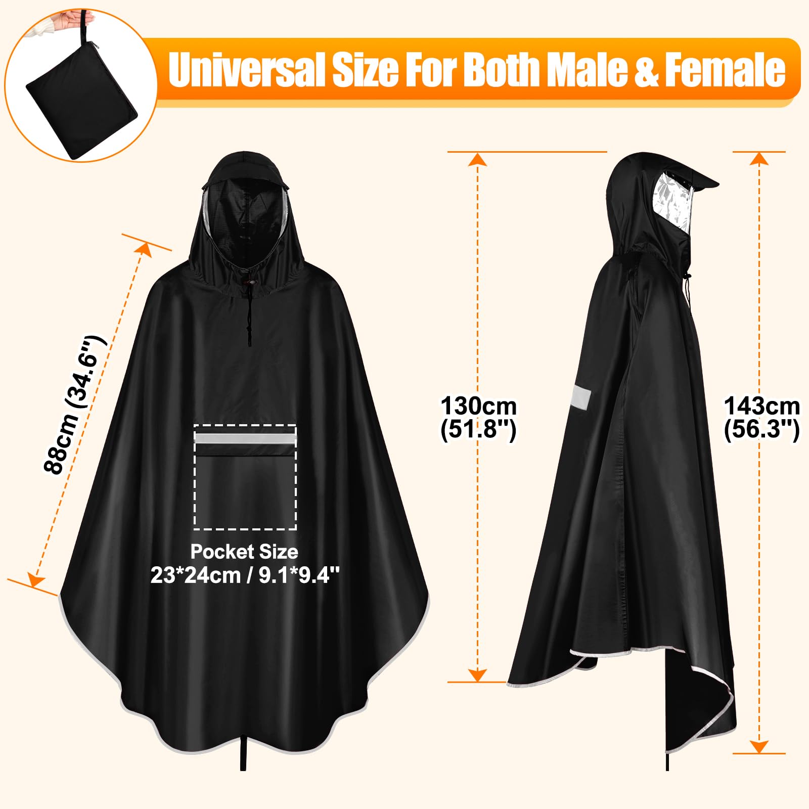 Cape Pluie Velo Portable Léger Poncho Pluie Velo Imperméable Vêtements Avec Reflechissant Unisexe Poncho Pour Homme Femme
