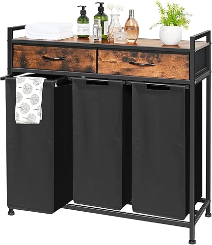 Clasificador de ropa sucia de 3 secciones, cesta de lavandería con estante y 2 cajones, cesta de lavandería de 180 L, carrito organizador de