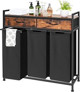 180L Laundry Sorter Hamper Basket 3 Section with Shelf & 2 Drawers | 3 Compartment Clothes Storage Organizer Cart, Pull-Out Removable Oxford Fabric Bags